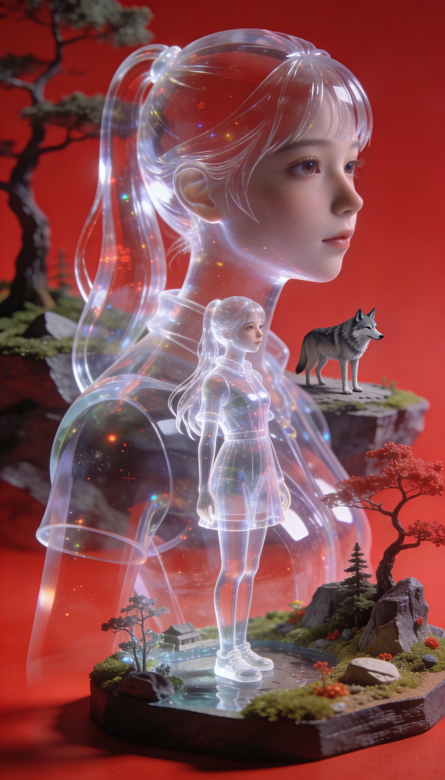 totalmagic. aesthetic. двойная экспозиция.
фон красный. диорама. микро пейзаж. 3D. на фоне прозрачной девочки  одинокий волк. 3d. effect 3d.render.