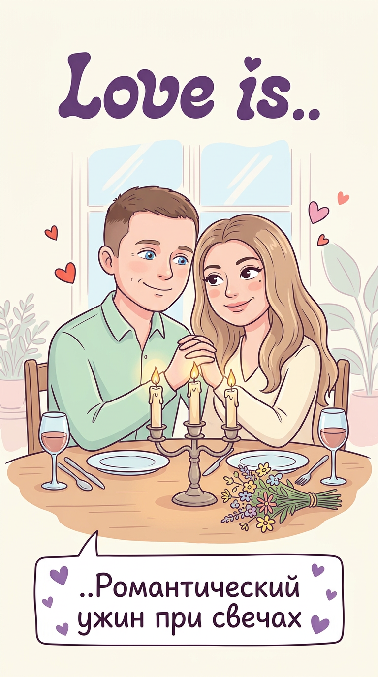 👩🏻❤👨🏻 Love is…
Сделай открытку в стиле "Love is..". Используй стиль шрифтов как на фирменной открытке. На основе прикрепленного фото создай нежную мультяшную иллюстрацию пары в милой бытовой сцене, пастельные тона, мягкие контуры. Текст вверху: "Love is..", внизу: "Романтический ужин при свечах". фон светлый. --ar 9:16 --style raw -- stylize 130