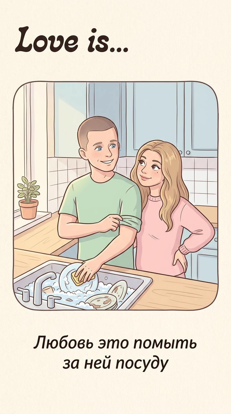 👩🏻❤👨🏻 Love is…
Сделай открытку в стиле "Love is..". Используй стиль шрифтов как на фирменной открытке. На основе прикрепленного фото создай нежную мультяшную иллюстрацию пары в милой бытовой сцене, пастельные тона, мягкие контуры. Текст вверху: "Love is..", внизу: "Любовь это помыть за ней посуду". фон светлый. --ar 9:16 --style raw -- stylize 130
