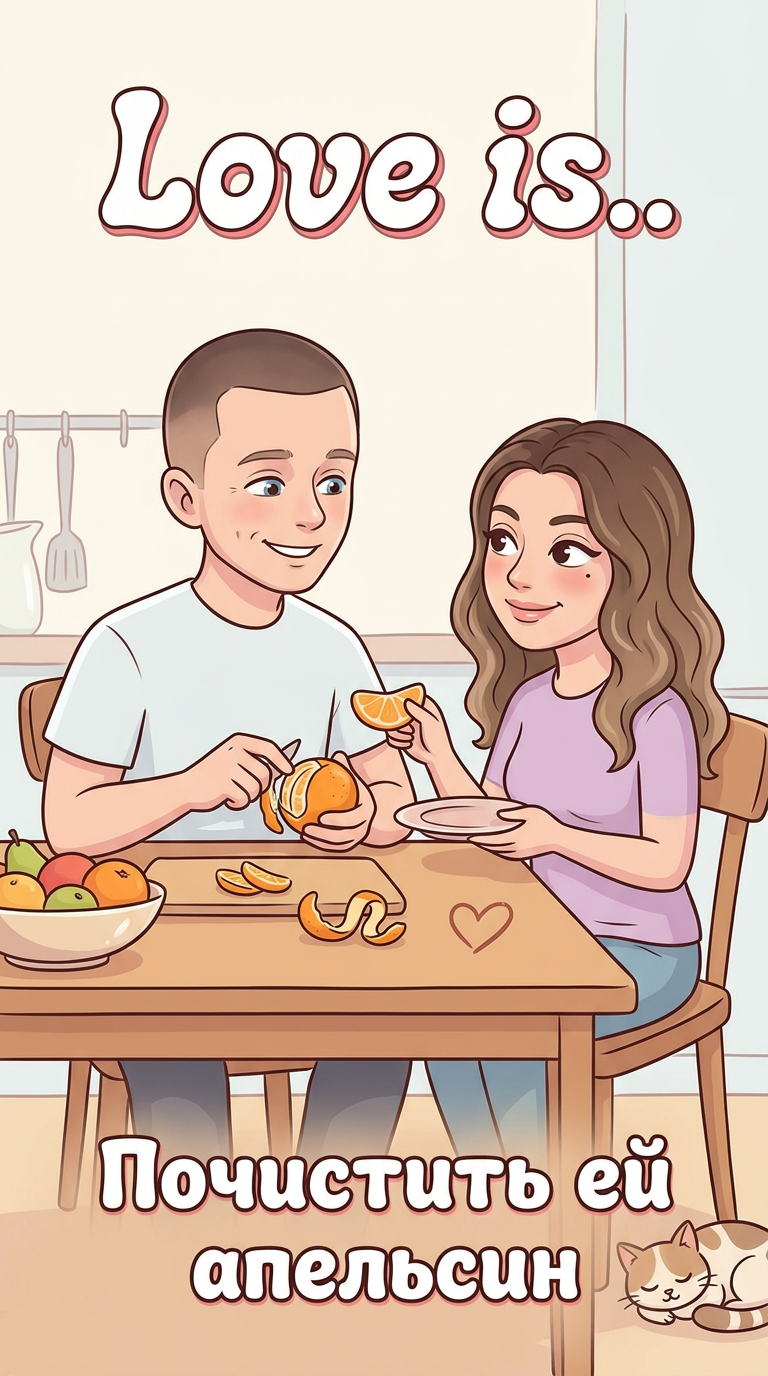 👩🏻❤👨🏻 Love is…
Сделай открытку в стиле "Love is..". Используй стиль шрифтов как на фирменной открытке. На основе прикрепленного фото создай нежную мультяшную иллюстрацию пары в милой бытовой сцене, пастельные тона, мягкие контуры. Текст вверху: "Love is..", внизу: "Почистить ей апельсин". фон светлый. --ar 9:16 --style raw -- stylize 130