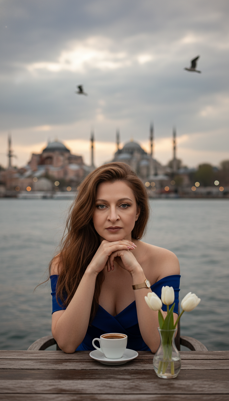 Ultra-realistic cinematic portrait of the model with a photo reference, preserve the exact identity of the face and proportions. The model sits at a table in a street cafe on the Istanbul embankment, resting her chin on both hands and looking straight into the camera. She is wearing an elegant dress with open shoulders and a minimalist gold watch.
Straight hair is laid with volume, gently falls on the shoulders and slightly fluttered by the wind.
On a wooden table in front of her is a cup of coffee and a vase with white tulips. Against the background of the Bosphorus embankment in Istanbul with historical architecture, calm water and reflections of light. Seagulls fly in the sky above the sea, creating the atmosphere of a coastal city.
Soft natural evening light, cinematic cloudy sky, shallow depth of field, focus on the face, natural skin tones, high detail, photorealistic lifestyle photography, 85mm lens, ultra-high resolution.