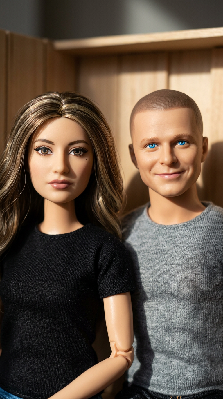 Create a photorealistic close-up photograph of a barbie minifigure version of this subjects in this image, maintaining their exact outfit colors, hairstyle, facial expression, and accessories adapted into authentic barbie-style proportions with characteristic barbie shapes. All rendered in high-quality 3D with cinematic natural daylight coming from the side creating dramatic shadows and highlights, sharp focus on the minifigure's face and details with shallow depth of field, aesthetics and photorealistic clarity throughout camera is similar angle of the real reference