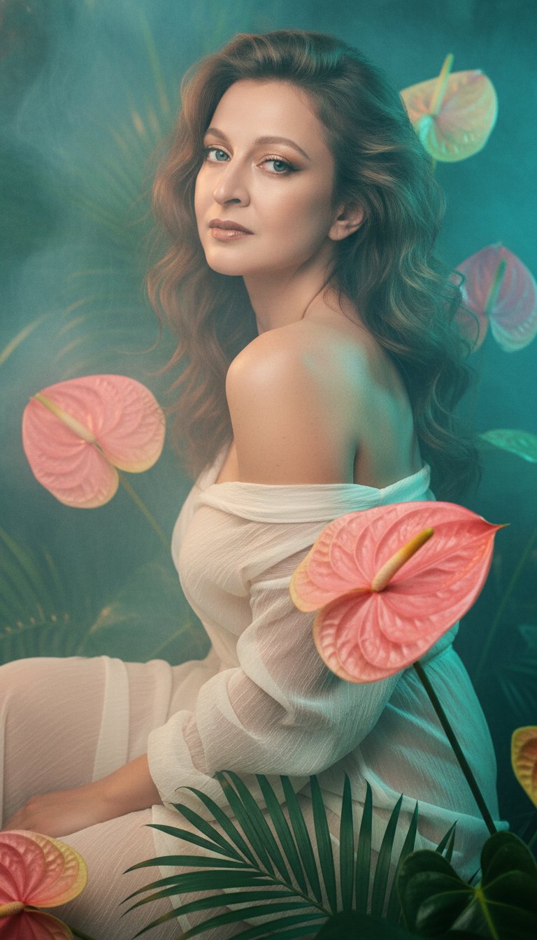 Vertical cinematic hyperreal portrait, ultra-detailed, 8K quality. Scene: young woman in a side pose (three-quarter / half-profile, torso turned slightly away from camera, shoulders angled, hip shifted) sitting among large anthurium flowers and tropical leaves, soft volumetric smoke around, composition from mid-thigh to above head. Pose: side/half-profile — body turned to the side while face slightly turned toward the camera so she still looks directly into the lens (engaging, confident gaze), one arm resting naturally on thigh or draped along body, relaxed posture. Clothing: lightweight flowing dress (sheer or chiffon-like fabric) with delicate texture and soft movement, dress gently drapes over shoulder and body — natural folds and translucency. Lighting: cinematic three-point lighting — warm soft key from front-left, cool teal rim light from back-right, subtle fill; specular highlights on skin and glossy petals. Flowers (pink and pale yellow anthuriums) placed in foreground, midground and background; one flower partially overlaps torso. Depth of field: shallow — sharp focus on face and front flower, soft bokeh in background. Camera: 85mm equivalent, aperture f/1.8–f/2.8, low angle 10–15°. Skin texture: photoreal pores, glossy lips, metallic eye makeup, lashes defined. Volumetric fog, subtle film grain, cinematic color grading (teal-orange/teal-cyan). Maintain original facial features, skin tone and hair color from reference image; change pose to side and outfit to a light flowing dress.