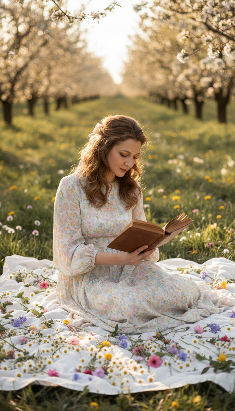 Romantic outdoor lifestyle photography. A beautiful woman sitting on a white linen blanket in a sun-dappled orchard. The blanket is scattered with hundreds of loose wildflowers and daisies. She is wearing a flowing pastel dress, reading a vintage book. Soft golden hour light, dreamy, luxury cottagecore aesthetic, photorealistic.