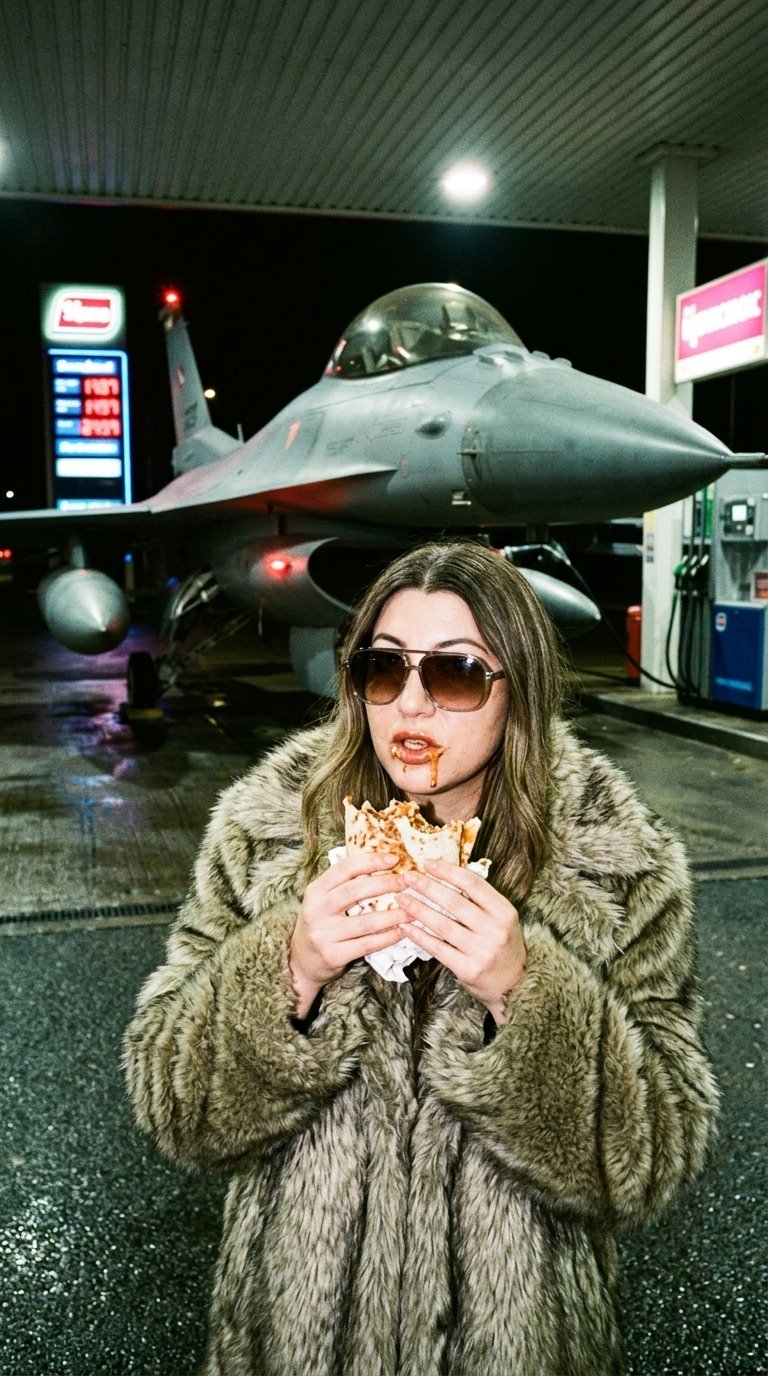 A gritty, flash-lit night photo at a gas station, captured like a raw paparazzi or underground fashion shot. Use the provided reference image as the exact facial reference. The person from the reference photo must be preserved with 100% accuracy. Черты лица идентичные оригиналы точь-в-точь как на фото исходники No changes to facial structure, proportions, expression, skin texture, age, or identity. The face must remain perfectly identical, ultra-sharp, and fully photorealistic. Do not beautify, stylize, smooth, or idealize the face. Face must remain unchanged and 100% preserved. In the foreground, a person eats a doner kebab mid-bite, both hands holding it confidently, sauce slightly messy, the bite frozen in motion — casual, unapologetic, real. The person wears a heavy faux-fur or thick shearling-style coat over simple, understated clothing, dark oversized sunglasses despite the night, minimal grooming, a cool, detached expression. Behind them, instead of cars, a modern military fighter jet is parked at the gas station as if refueling, positioned naturally, with an unmistakable silhouette, matte metal body, and subtle red and white navigation lights glowing. The jet feels massive but grounded — not flying, fully integrated into the everyday scene. A harsh direct on-camera flash hits the person, creating sharp highlights on skin, fur, and food, with deep shadows falling behind. Cold blue and white neon gas station lights glow in the background, reflecting off metal surfaces. Slight grain, imperfect framing, candid realism. Direct flash photography, night realism, ironic scale contrast, everyday action versus military power, underground fashion editorial energy, cinematic but believable — looks like a real photo accidentally captured.