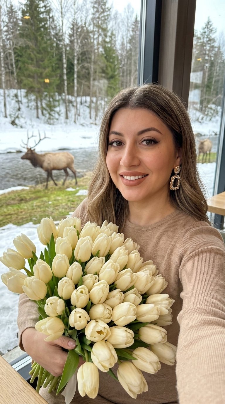 Используй лицо девушки с загруженного фото. Фото 9:16 Девушка делает селфи фотографируя себя, вытянув руку к камере, она в тёплом бежевом топе сидит в уютном зимнем кафе с панорамными окнами и видом на подтаевший снег лес С пробивающейся травой за окнами Лоси с рогами гуляют видно речку. На ушах золотые Крупныесережки со сверкающим камнем, волосы блестящие Длина оригинала, смотрит в камеру. Макияж уютный: губы карамельно-нюдовые, мягкие шоколадные стрелки, длинные ресницы. В руке большой, огромный букет из кремовых тюльпанов.