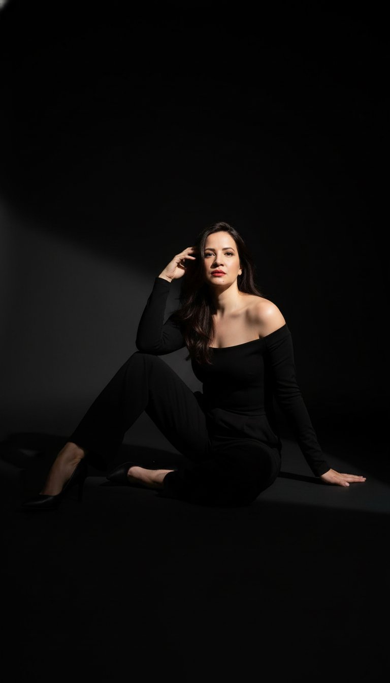 Use the uploaded image strictly as the only identity reference.
Preserve facial identity and natural facial proportions.
Preserve natural asymmetry and real skin texture.
Do not smooth skin and do not alter facial structure.
Dark cinematic fashion studio portrait.
A woman sits on the floor in a confident editorial pose.
One leg is bent under her body while the other leg extends forward, creating an elegant diagonal line.
Her torso turns slightly to the side.
One arm rests lightly on the floor behind her for support.
The other arm bends upward with her hand near her temple.
She wears a sleek black outfit with a slightly off-shoulder neckline and black high heels.
The background is a deep black studio backdrop.
Lighting is dramatic and directional: a strong focused spotlight enters from the side, creating a sharp band of light across her shoulder and face while most of the scene remains in shadow.
The light creates high contrast between illuminated skin and the dark background.
moody fashion editorial
cinematic dramatic lighting
deep shadows
high contrast studio photography
sensual confident pose
Shot on Phase One XF IQ4 150MP, 80mm lens.
ultra sharp focus
high resolution RAW photograph
rich black tones
detailed skin texture
no text
no watermark