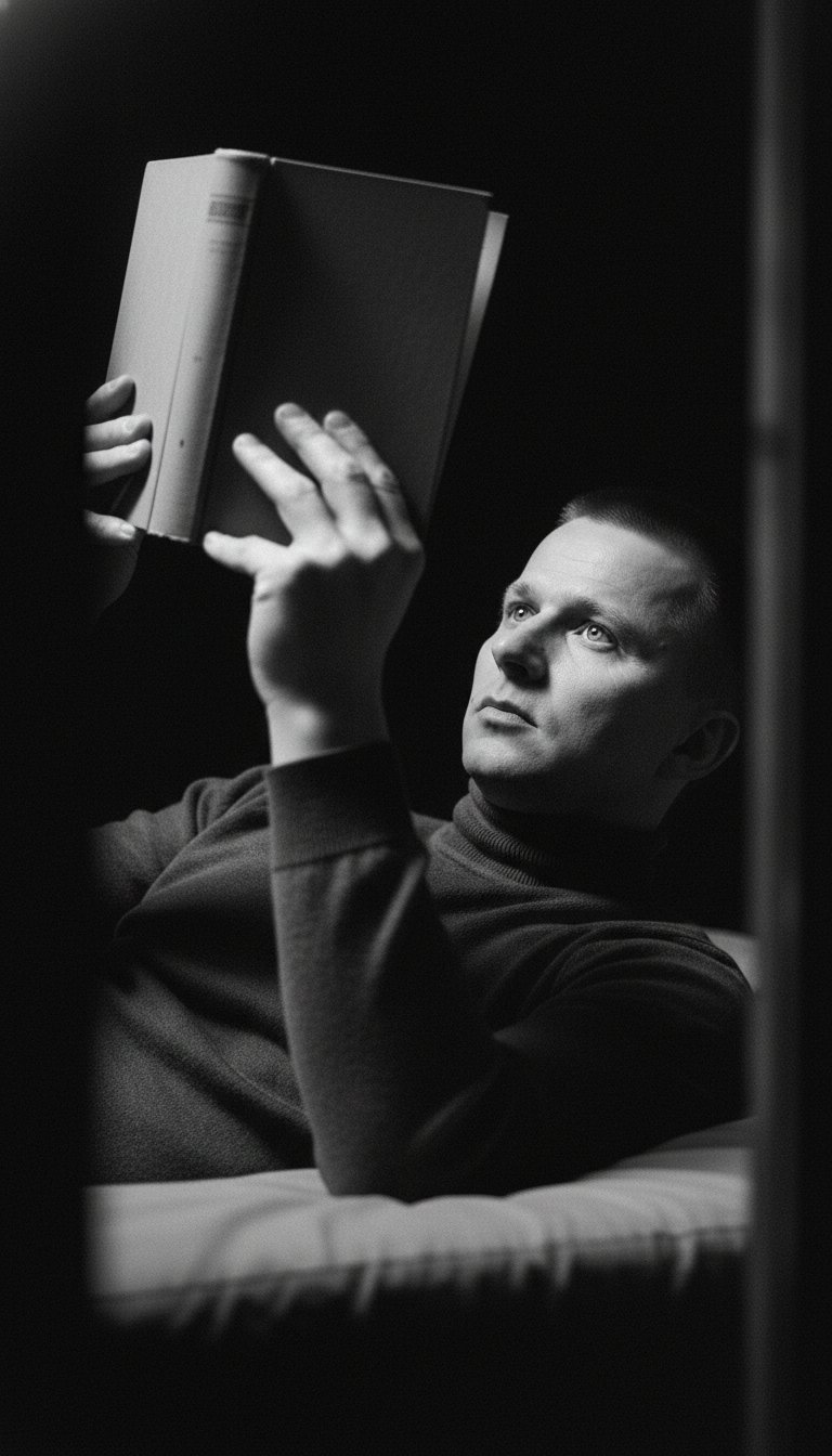 A black-and-white cinematic photograph of the man from the reference image, reclining and reading a book. The man holds the open hardback book with both hands above his face, tilted slightly. His gaze is thoughtful and focused, directed upward toward the pages. His face is lit by soft sidelight, highlighting his cheekbones, the line of his nose, and his eyes, creating deep shadows on one side of his face. He wears a dark turtleneck.
The background is completely dark, almost black, creating a deep chiaroscuro effect. The composition is shot from a low angle, as if through some kind of barrier—blurred dark elements are visible at the edges of the frame, creating a voyeuristic or framing effect. The overall atmosphere is intimate, melancholic, and intellectual, reminiscent of 1960s European arthouse cinema. The film grain adds a vintage feel. The light falls from above, softly scattering across the pages of the book and the face.