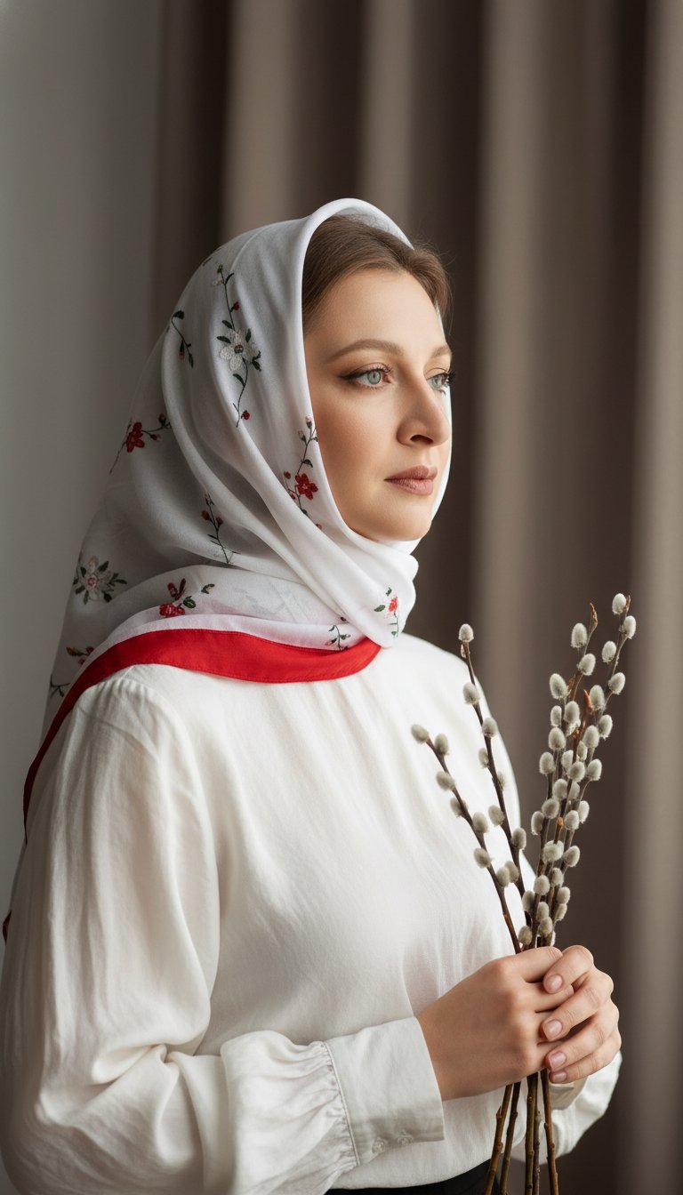 Портрет женщины с референса, лицо не искажай, сохраняя пропорциив трехчетвертном профиле, обращенной вправо с уверенным выражением лица, занимающей центр кадра, ее верхняя часть тела и голова занимают две трети вертикального пространства. На ней полупрозрачный белый платок с вышитым цветочным узором и ярко-красной отделкой. Платок обвивает голову и плечи, слегка прозрачный и матовый на ощупь. Ее блузка с длинными рукавами сделана из смятой белой ткани, свободно сидящей с круглым вырезом. Теплый бежевый цвет кожи подчеркивается мягким естественным освещением, усиливающим ее гладкий цвет лица. Волосы в основном скрыты под платком, слегка поднятый взгляд и закрытые губы вызывают размышления. У нее легкий макияж, естественного бежевого натурального цвета губы, черные густые ресницы. Она держит маленький букет коричневых веток вербы с белыми серыми цветками в обеих руках, расположенный в нижнем правом углу. Мягкий рассеянный свет из окна создает нежные тени, на фоне - приглушенная тауповая штора. Композиция сохраняет естественные пропорции, снятая на уровне глаз и демонстрирующая мелкую глубину резкости для гармоничного, интроспективного настроения. Стиль — Vogue Portrait. Дорогое фото снято на камеру Hasselblad H6D – люксовая реклама, сверхдеталь, максимально дорогой fashion look.