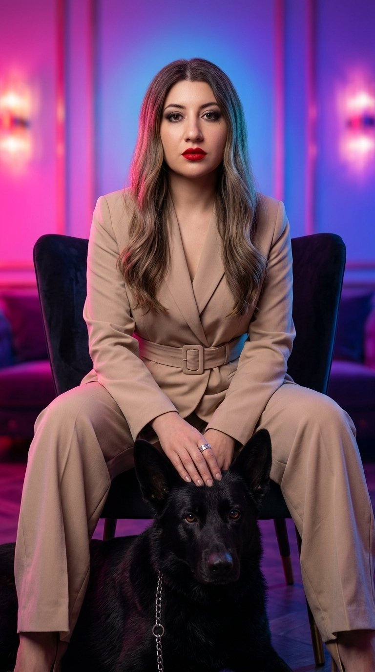 Photorealistic face swap: replace the user's face exactly from uploaded photo onto a model sitting elegantly on a velvet chair with a black German Shepherd lying at her feet on a chain leash, one hand resting on the dog's head, relaxed confident expression looking at camera, wavy loose dark hair, wearing beige belted blazer over matching wide-leg pants. Apply reference makeup: smoky eyes, bold red lips. Hyper-detailed realistic skin, hair, eyes with lifelike details. Deep shadowy lighting for dramatic volume on face and figure, bright neon background glow in pink-blue-purple gradient with bokeh flares on walls. Opulent lounge setting with neon-lit artwork and soft plants. New minimal shiny jewelry: thin silver ring with etched witchy runes on index finger. No tattoos or text. Professional photo quality, pure photorealism.
Черты лица женщины идентично оригиналу точь-в-точь как на фото исходники она красиво накрашена у неё профессиональный дневной макияж