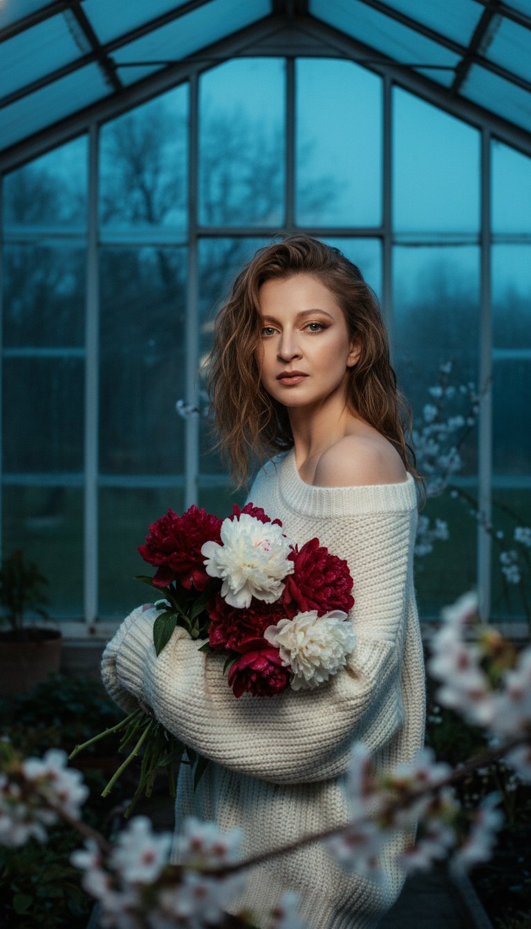 Create an image of me, preserving my
A 35mm film still captures a woman in a fleeting, dynamic moment amidst the dense, slightly chaotic foliage of an old greenhouse, bathed in the deep twilight of the "blue hour" filtering through panoramic glass. Caught mid-motion, she wears an oversized, textured sweater of heavy ivory wool, featuring exaggerated, intricately knitted sleeves and an off-the-shoulder neckline that accentuates her fragile silhouette. Her hair is styled in "effortless waves" with a subtle dampness from the garden dew, complemented by a dewy skin makeup look with glistening eyelids and a natural rose tint on her lips. She cradles a heavy, asymmetrical armful of half-bloomed peonies in deep wine and cream hues, their petals dripping with water. The foreground is layered with softly blurred cherry blossom branches, creating a lush bokeh effect and a sense of depth, while the silhouettes of dark trees emerge through a misty haze in the background. Technical specs: shot on Arri Alexa with an 85mm f/1.2 lens; shallow depth of field, soft rim lighting creating a halo around her hair, and a palette of natural cool tones punctuated by warm skin accents and high-definition textures of fabric and petals.