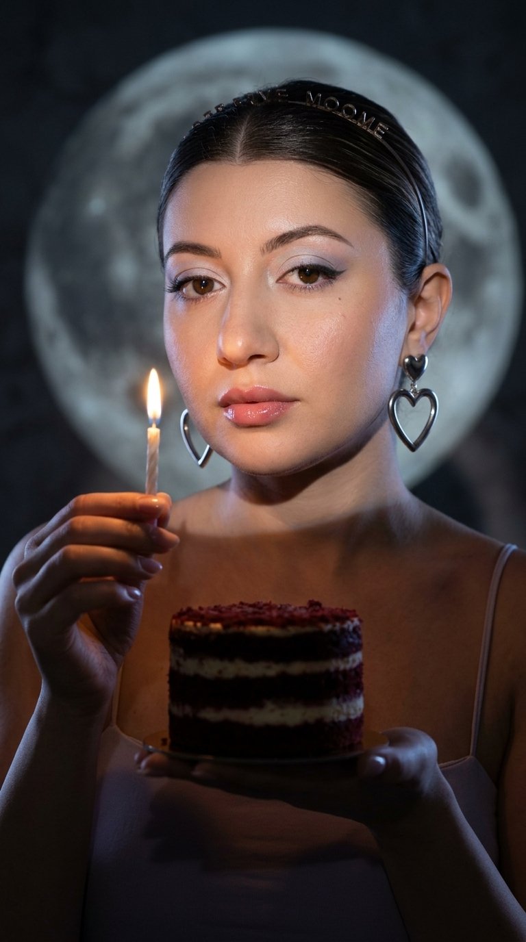 A woman черты лица идентично оригиналу точь-в-точь как на фото исходники holds a small cake with a lit candle, her body turned three-quarters, looking into the camera, one hand supporting the cake from below, the other raised to her face holding a candle, her head slightly tilted, looking directly into the lens. A close-up from the chest to the head, angled at eye level, the composition is centered, focusing on the face, candle, and cake, with a circular light element in the background.
Eyeshadow in soft pastel shades (peach, beige, light pink) with a smooth transition to a darker tone at the outer corner of the eye. Black eyeliner with a slight wing accentuates the shape of the eyes. Eyelashes are long, voluminous, and thickly coated with black mascara. Lips are coated with a soft pink gloss with a subtle shimmer.
Skin appears perfectly even and matte.
Her hair is pulled back into a sleek updo, held tightly against her head, without volume. Her hairline is defined, and her surface is smooth with a slight sheen.
She is wearing a light-colored top with thin straps (#F2EDE3), large heart-shaped earrings with silver-colored decorative elements (#C0C0C0), a thin headband with lettering, and a small cake with a layered texture in shades of dark red (#6E1F28) and cream (#F5E6D8).
The location is a dark space with a moon projection in the background (#D9D9D9), creating a circular highlight and surface texture. The background is almost black (#0A0A0A).
The lighting is mixed. The main source is warm candlelight, positioned close to the face, creating directional highlights and deep shadows. An additional cool light from behind creates a rim light and illuminates the moon projection. The contrast is high, and the shadows are deep and sharp.
Shot with an 85mm lens, shallow depth of field with sharp focus on the face and candle, softly blurred background, and high detail in the skin, fire, and cake texture. Artistic staged photography with contrasting lighting, highly detailed, and photorealistic.
Dramatic low-key birthday mood,
mixed warm candlelight and cool backlight,
dominant warm orange and cool gray tones,
low to moderate saturation,
high contrast lighting,
strong directional candlelight,
deep shadows with sharp edges,
bright localized highlights,
clean texture with slight grain,
dark cinematic atmosphere,
moody editorial color grading