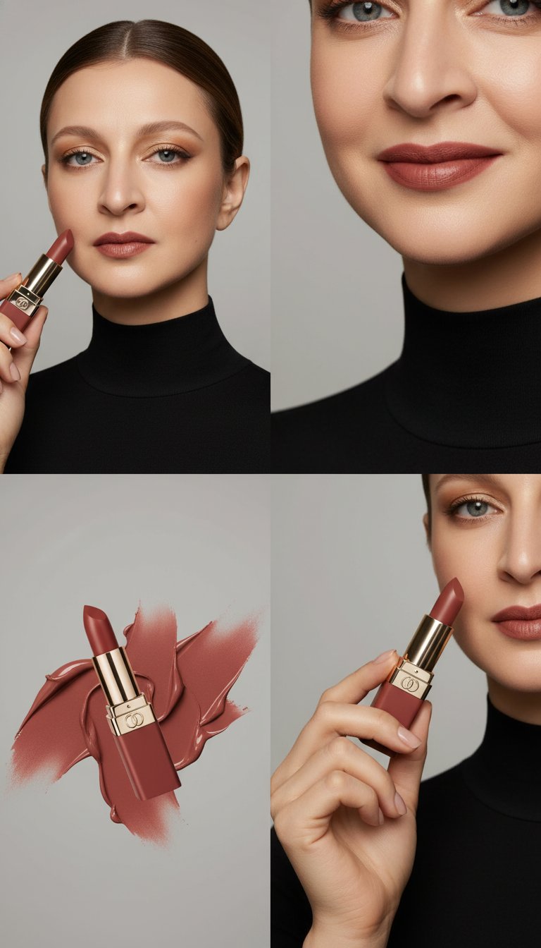 Перед промптом загружаем модель и фото помады❤
Создай fashion beauty luxury рекламный сториборд из 4 кадров в одном изображении: вертикальный формат 9:16, сетка 2×2, премиальный минимализм, editorial advertising, фотореализм, high-end campaign look.
Референсы (обязательно):
- Используй загруженное фото модели как точный референс внешности (лицо, возраст, тон кожи, пропорции). Одна и та же модель во всех кадрах, без изменения черт.
- Используй загруженное фото помады как точный референс продукта: форма, цвет, материал упаковки, логотип, оттенок помады — ничего не менять, логотип не искажать.
Общий стиль: modern luxury, fashion editorial beauty, clean, дорогая минималистичная реклама.
Фон: серый люксовый градиент (smoky grey → light grey), гладкий studio seamless.
Свет: мягкий студийный high-end (high-key/soft key + аккуратный контровой), чистые тени, красивый specular на упаковке, без пересветов, ultra sharp details.
Камера: premium beauty lens 85mm, shallow depth of field, киношная пластика, без искажений.
Образ модели:
- причёска: гладкий low bun или аккуратный хвост, ровный пробор;
- макияж: сияющая кожа, деликатный румянец; акцент — губы с помадой из референса (финиш соответствует продукту);
- одежда: чёрный минималистичный топ без принтов, чистые линии, fashion.
---
## КАДРЫ (2×2)
### Кадр 1 (верхний левый) — Product near face / fashion portrait
Крупный портрет (голова/плечи). Модель держит помаду у лица (у щеки/скулы/подбородка), поза уверенная, editorial.
Фокус: лицо, кожа, продукт и логотип читаемы, фон серый градиент, ощущение люкса.
### Кадр 2 (верхний правый) — Lips close-up / smile
Очень крупный план губ и нижней части лица. На губах помада из референса, лёгкая стильная улыбка.
Фокус: текстура покрытия, ровный контур, естественная кожа, high-end beauty close-up, без “пластика”.
### Кадр 3 (нижний левый) — Floating product in lipstick textures
Предметный кадр: помада парит в воздухе. Вокруг/позади — абстрактные текстуры и мазки в точном цвете помады (как свотчи/кремовый пигмент), мягкие, воздушные, premium.
Фон серый градиент, чисто, минимализм, дорогие блики на упаковке.
### Кадр 4 (нижний правый) — In hand / стильный кадр
Модель держит помаду в руке очень стильно (fashion hand pose). Крупный кадр: рука + продукт + часть лица/плеча (по композиции).
Фокус: продукт, упаковка, идеальная кожа, аккуратные ногти нюд/прозрачный, дорогой свет “вау”.
---
Ограничения (важно):
без текста, без водяных знаков, без лишних предметов, без украшений (или минимум), без искажённых пальцев/доп. конечностей, без изменения логотипа/упаковки/цвета помады, без смены лица модели между кадрами.
Итог: один коллаж 9:16, сетка 2×2, ultra premium fashion beauty advertising look, high detail, clean luxury.