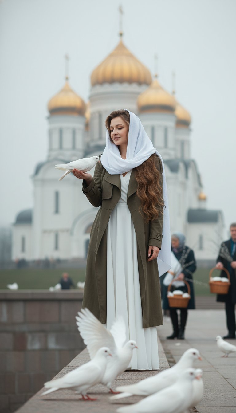 Фотография в среднем формате Hasselblad с кинематографическим стилем, запечатлевающая безмятежную сцену пасхального торжества. Молодая женщина с распущенными волосами ниже талии стоит на набережной, надев белый крестильный платок на голову, не завязывая, безупречное белое платье и элегантно задрапированный оливковый тренч. Она нежно смотрит вниз, пока чистый белый голубь клюёт подсолнечные семечки с её протянутой ладони, окружённый дополнительными белыми голубями в мягком фокусе. Её макияж безупречен с акцентом на глаза и ламинированными ресницами, прозрачный блеск на губах. Позади неё красивая церковь, с золотыми куполами, возвышается на фоне мягко затуманенного неба с объёмной атмосферной дымкой. Удалённые фигуры в позах пасхального празднования создают нарративную глубину. У них в руках верба, у кого то лукошко с куличами. Съёмка объективом 80 мм с малой глубиной резкости, мягкое рассеянное естественное освещение с едва заметным контровым светом. Палитра холодных приглушённых тонов: бледная слоновая кость, приглушённый оливковый, жемчужные белые, холодные серые небеса. Атмосфера духовной безмятежности.