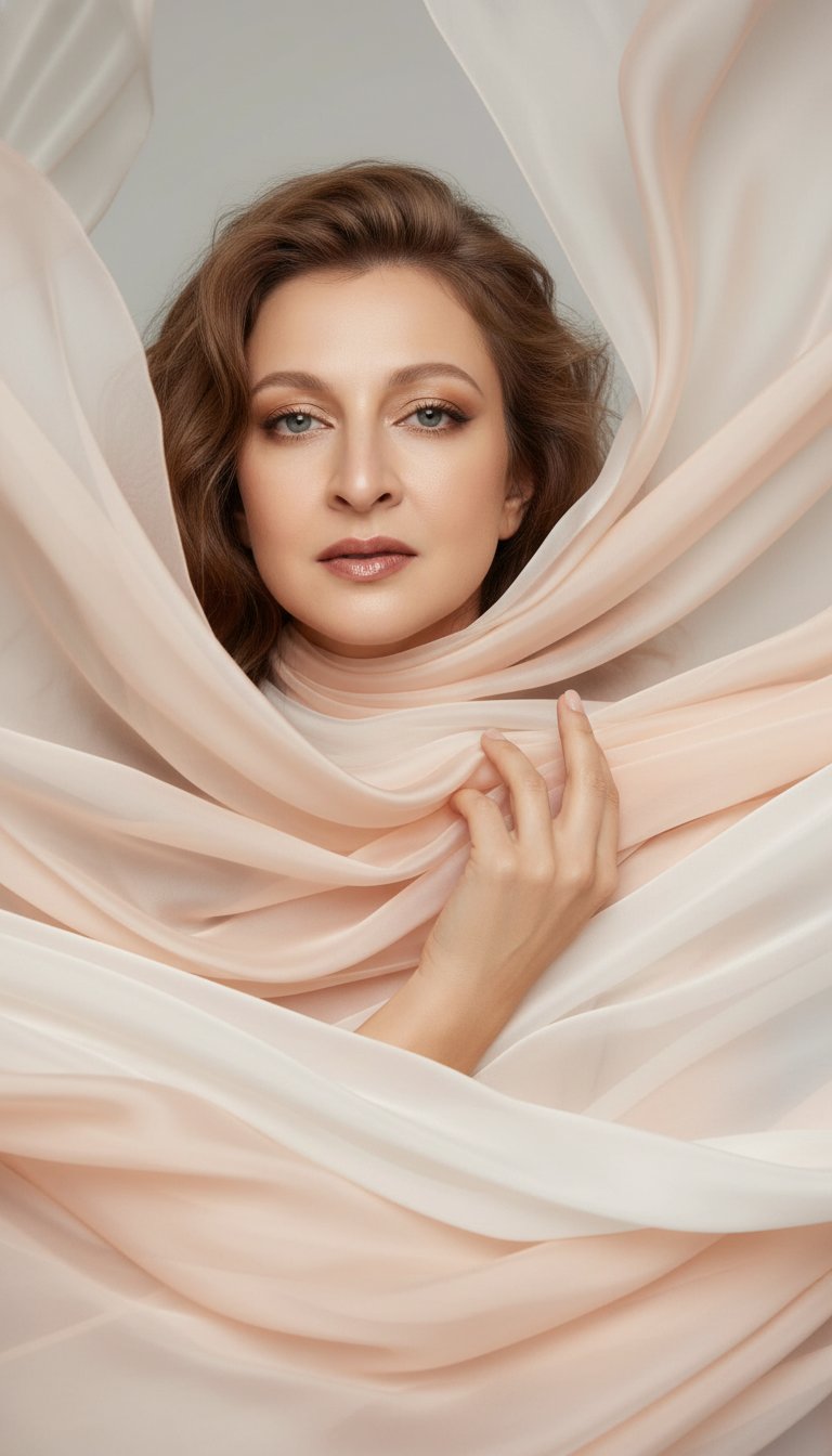 Chest-up studio fashion portrait. A beautiful woman surrounded by thick, weightless swirls of pastel peach and pure white silk fabric floating mid-air around her shoulders and neck. She is gently touching one of the floating silk waves. Luminous, hydrated skin, glossy nude-pink lips. Bright, airy studio atmosphere. Diffused beauty dish lighting for perfect skin tones. Shot on Canon EOS R5, 85mm f/1.8 lens, ISO 100. Romantic, fluid, soft-focus background, ultra-photorealistic, luxury magazine cover.