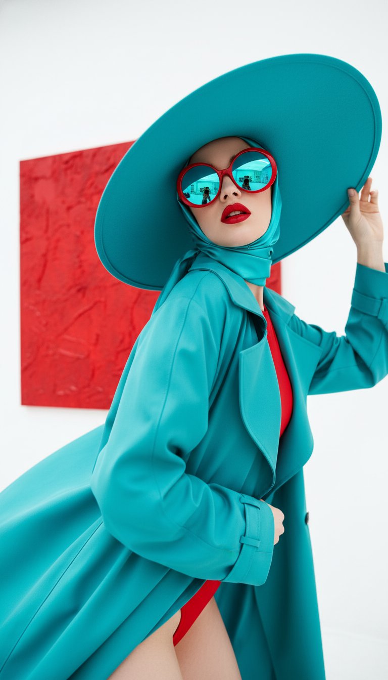 Создай изображение в стиле высокой моды и Vogue, цифровой арт с глянцевой эстетикой. На фото - соблазнительная женщина в эпатажном образе. Съемка снизу, ракурс полубоком, она смотрит прямо в камеру. Крупный план, макросъемка. На женщине широкополая гигантская шляпа бирюзового цвета, под ней повязан платок. На ней красное боди, сверху накинут бирюзовый плащ. На лице - бирюзовые очки в круглой красной оправе с зеркальными стеклами. Губы накрашены алой помадой. На стене за ней - красное панно, остальной фон белый. Поза динамичная: одна рука поднята к волосам, тело выражает движение и энергию. Чувствуется динамика, дерзость, модный шик.