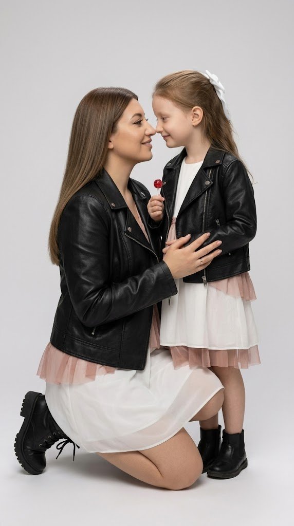 ultra photorealistic studio portrait of a woman and a little girl, 100% face likeness, do not change faces, preserve identity, preserve exact facial structure, no face distortion,
woman: красивые hair, straight and smooth, аккуратно уложены, natural soft glam makeup, выразительные глаза, длинные ресницы, ровная кожа с текстурой и порами, нюдовые губы,
child: little girl with light hair tied back with a white bow, мягкие детские черты лица, естественная кожа, девочке 10 лет
outfits: woman wearing a black leather jacket over a white dress, chunky black lace-up boots, girl wearing a white dress with a black leather jacket and small black boots, matching стиль, Из-под кожанок выглядывает шифоновое красивая нежная цвета чайные розы платье и у девочки и у мамы
pose: mother kneeling on one knee, child standing close in front of her, they are looking at each other with warm gentle smiles, faces very close but not touching, soft eye contact, hands lightly holding each other, natural connection,
details: child holding a small red lollipop, subtle accent,
background: clean light grey studio background, минимализм, без лишних объектов,
lighting: soft studio lighting, мягкие тени, равномерное освещение, легкий объем на лице,
composition: full body shot, centered composition, focus on connection between mother and child,
ultra realistic, high detail, sharp focus, detailed skin texture, realistic leather texture, fabric folds, no blur, no noise, no artifacts