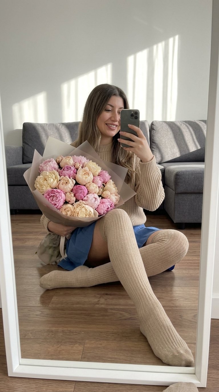 A photograph of a woman sitting on the floor in front of a floor-standing mirror, taking a selfie. She is sitting with her legs bent, one leg extended forward, the other bent at the knee, holding a large bouquet of light-colored peonies, and looking at her smartphone screen. The full-body shot is captured through the mirror's reflection. The composition is constructed with the mirror frame framing the frame, the woman is positioned centrally, and the background includes a portion of the sofa and the walls of the room.
The woman's skin is even, with a soft, natural glow. Her makeup is in a neutral, warm palette, with light beige eyeshadow and mascara accentuated on the lashes. Her lips are tinted with a nude, peachy-pink lipstick with a satin finish. Her hair is styled in soft waves and falls loosely over her shoulders. На её ногах длинные гетры закрывающие колени
The woman is wearing a loose-fitting beige knit sweater with long, wide sleeves, a soft textured yarn, a short, soft blue skirt, and beige socks. The fabric of the garment is matte and not shiny. She holds a voluminous bouquet of large, light-colored peonies with dense petals, wrapped in translucent matte film with a wide ribbon.
The shoot took place in a residential interior with warm-toned wooden flooring. A gray sofa and light-colored wall are in the background. A large window with a translucent curtain streams in sunlight to the left of the frame. The space is minimalist and neat.
The lighting is natural, with direct sunlight falling through the window from the left, creating bright spots on the floor and legs, creating sharp shadows from the window frame. The contrast is high, the shadows are defined with hard edges, highlighting the texture of the wood and the volume of the bouquet, while reflected light softens the shadows on the face and clothing.
Shot on a smartphone camera, large depth of field, all elements in the frame are in focus, everyday lifestyle selfie style, highly detailed, photorealistic.
Warm sunlit lifestyle mood,
warm golden color temperature,
dominant beige and cream tones,
moderate saturation with warm highlights,
high contrast direct sunlight,
strong defined shadows with window frame patterns,
natural warm skin tone rendering,
crisp texture with clean digital clarity,
bright warm interior color grading.