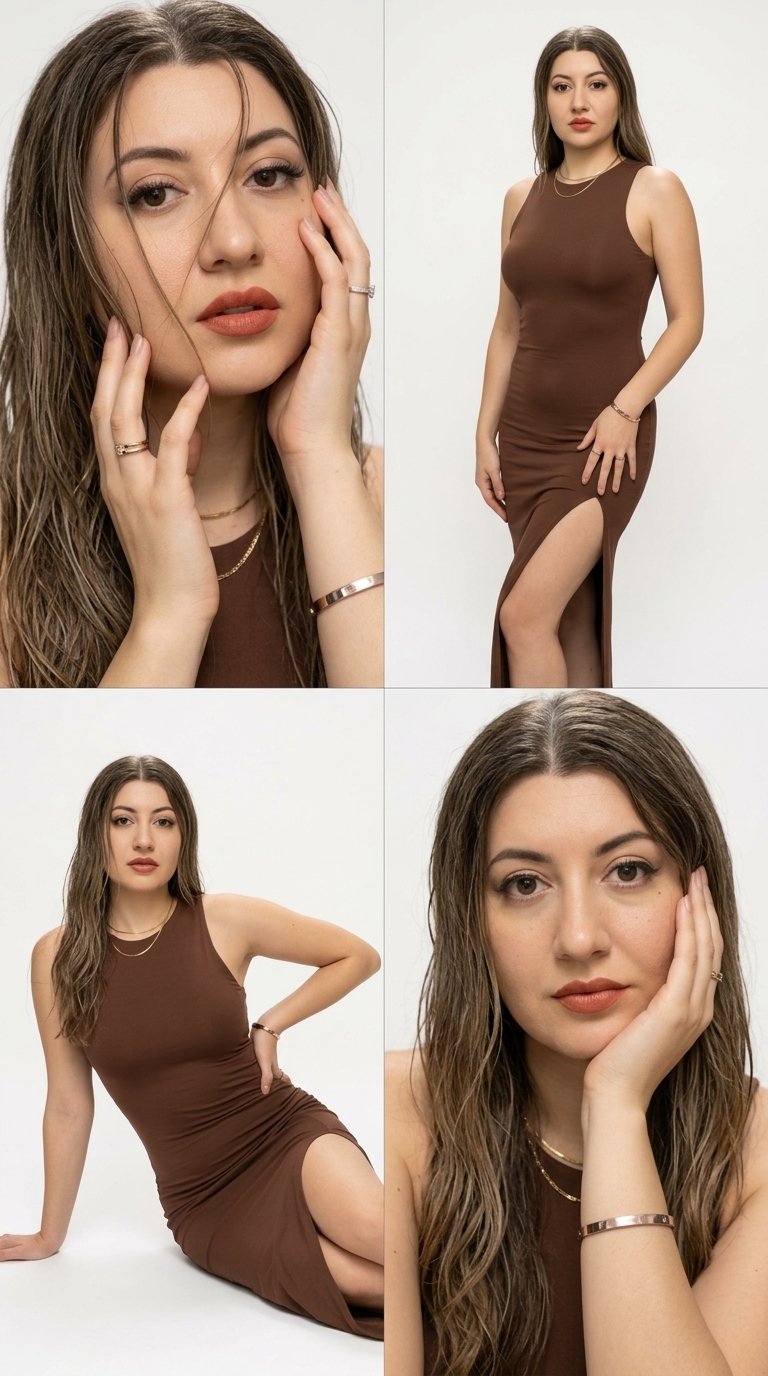 A collage of four photographs. A studio fashion shoot featuring one woman against a neutral black background. The series of shots is unified and showcases changing poses and angles while maintaining the same location and style.
In the upper left panel, the woman is shown in close-up, her body turned three-quarters, her head slightly tilted, her gaze directed straight at the camera, one hand raised and touching her cheek, the fingers of her other hand positioned at her chin, strands of hair partially obscuring her face, her pose static and composed. Close-up.
In the upper right panel, the woman is standing, her body turned three-quarters, one leg extended forward through the high slit of her dress, one arm hanging by her hip, the other slightly bent, her head level, her gaze directed at the camera, her shoulders open. Full-length shot.
In the lower left panel, the woman is seated on the floor, leaning back on one arm, her other hand resting on her hip, one leg bent at the knee, the other extended, her head slightly tilted, looking toward the camera. Her pose is more relaxed and dynamic. Medium shot, head-to-knee shot.
In the lower right panel, the woman is shown from the shoulders up, her body turned in three-quarters, one hand supporting her cheek, her palm pressed to her face, her head tilted, her gaze directed toward the camera. Her expression is calm, and strands of hair frame her face. Close-up portrait shot.
She has an even, matte-satin skin tone, accentuated lashes, neutral, warm eyeshadow, and glossy lips in a natural caramel-pink shade. Her hair is worn loose, with a damp texture, and individual strands fall freely over her face and shoulders.
The woman is wearing a form-fitting, sleeveless brown dress with a low neckline and a high slit. The fabric is smooth and stretchy. She wears a thin gold necklace, rings, and a bracelet with a smooth, polished surface.
The shoot takes place in a studio against a plain, white background without texture.
Soft studio lighting is used, with the main source positioned frontally and slightly to the side. The light evenly shapes the face and body, creating soft, low-contrast shadows, highlighting the texture of the skin and fabric, and the background is evenly lit.
The shoot is done in the style of a contemporary fashion portrait, shot on a 50mm portrait lens. The depth of field is shallow for portrait shots and medium for full-length shots. The eye-level angle is highly detailed and photorealistic.
Черты лица женщины идентичные оригиналу У неё ярко накрашенные губы в цвет платья