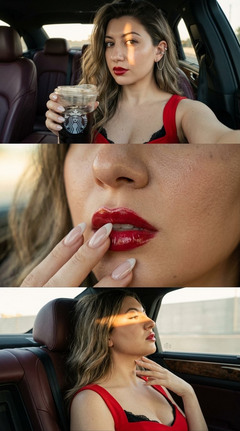 СТРОГО сохранить внешность 1:1. Триптих 9:16, три горизонтальных кадра. Фотореалистичная luxury cinematic editorial съёмка в автомобиле с роскошным салоном и темно-бордовыми кожаными сиденьями, golden hour, мягкая плёночная зернистость, приглушённая палитра, clean glossy skin, высокий контраст. На девушке ярко-красный топ на широких бретелях с глубоким вырезом выглядывает кружево чёрного цвета Волосы распущены, чуть растрёпаны, подсвечены солнцем. Лёгкий смоки, черные ресницы, глянцевые сочно накрашенные губы. Один и тот же образ во всех кадрах. Верхний: selfie от первого лица, девушка полубоком смотрит в камеру, в руке стакан кофе Starbucks, солнечный луч проходит через один глаз и щёку, в ухе серебряная каффа с тонкой цепочкой. Средний: экстремальный close-up губ, носа и нижней части лица, миндальные ногти френч холодного nude касаются нижней губы. Нижний: профиль у окна, голова слегка запрокинута на сиденье, пальцы касаются шеи, широкий луч солнцв проходит через глаз и верх скулы.