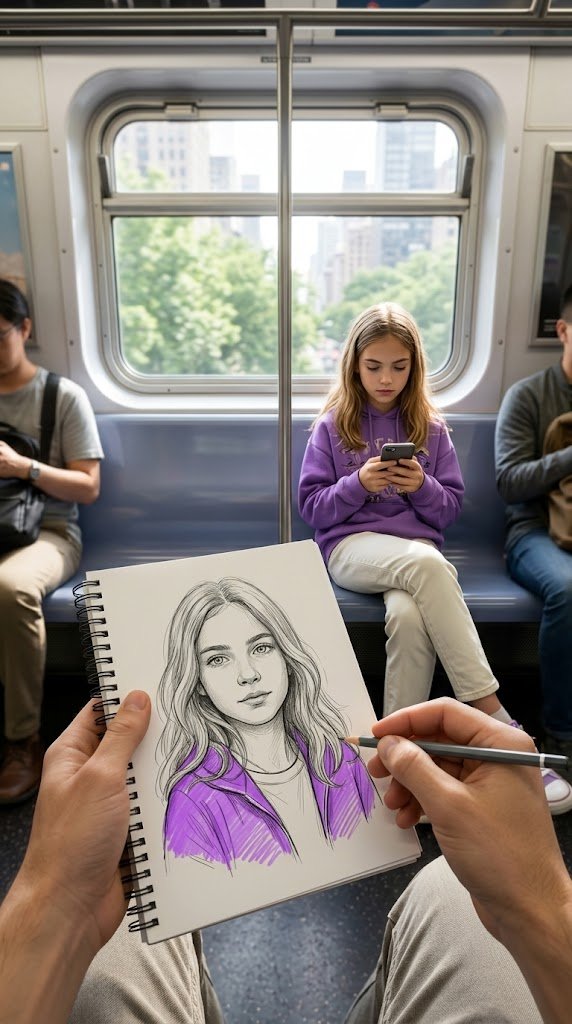 Generate Photorealistic first-person POV inside a bright subway, hand holding spiral sketchbook and pencil, sketch shows black-and-white portrait with only Purple jacket colored, same real person matching sketch sits opposite wearing graphics-Purple hoodie and Off white jeans, looking at phone, green view through window, alone passenger(no blur) partially visible on both sides, soft natural daylight, shallow depth of field, cinematic, use my face as reference, masterpiece quality, 8k photorealism