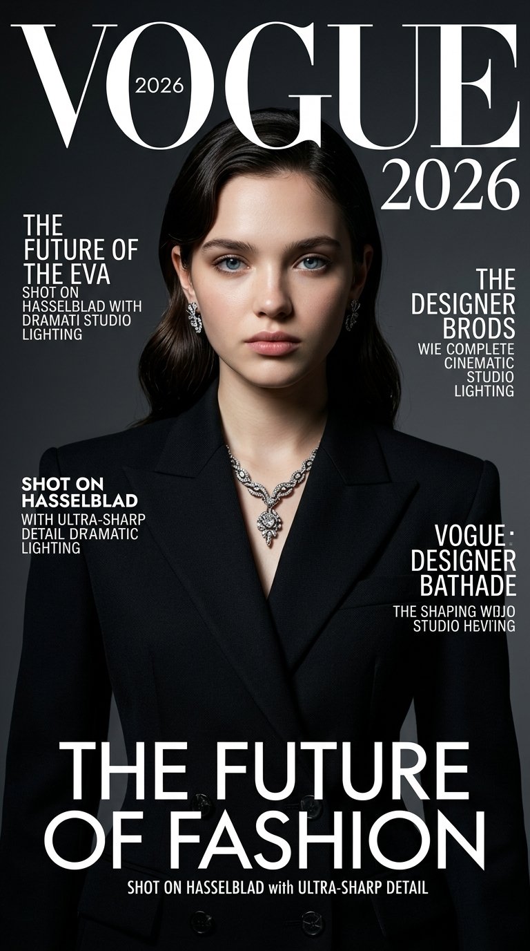 @img1 high fashion editorial cover, person posing confidently, luxury outfit, dramatic studio lighting, glossy magazine aesthetic, bold typography "VOGUE 2026", shot on Hasselblad, ultra sharp, editorial composition, high contrast shadows, cinematic styling --no low quality, no distortion