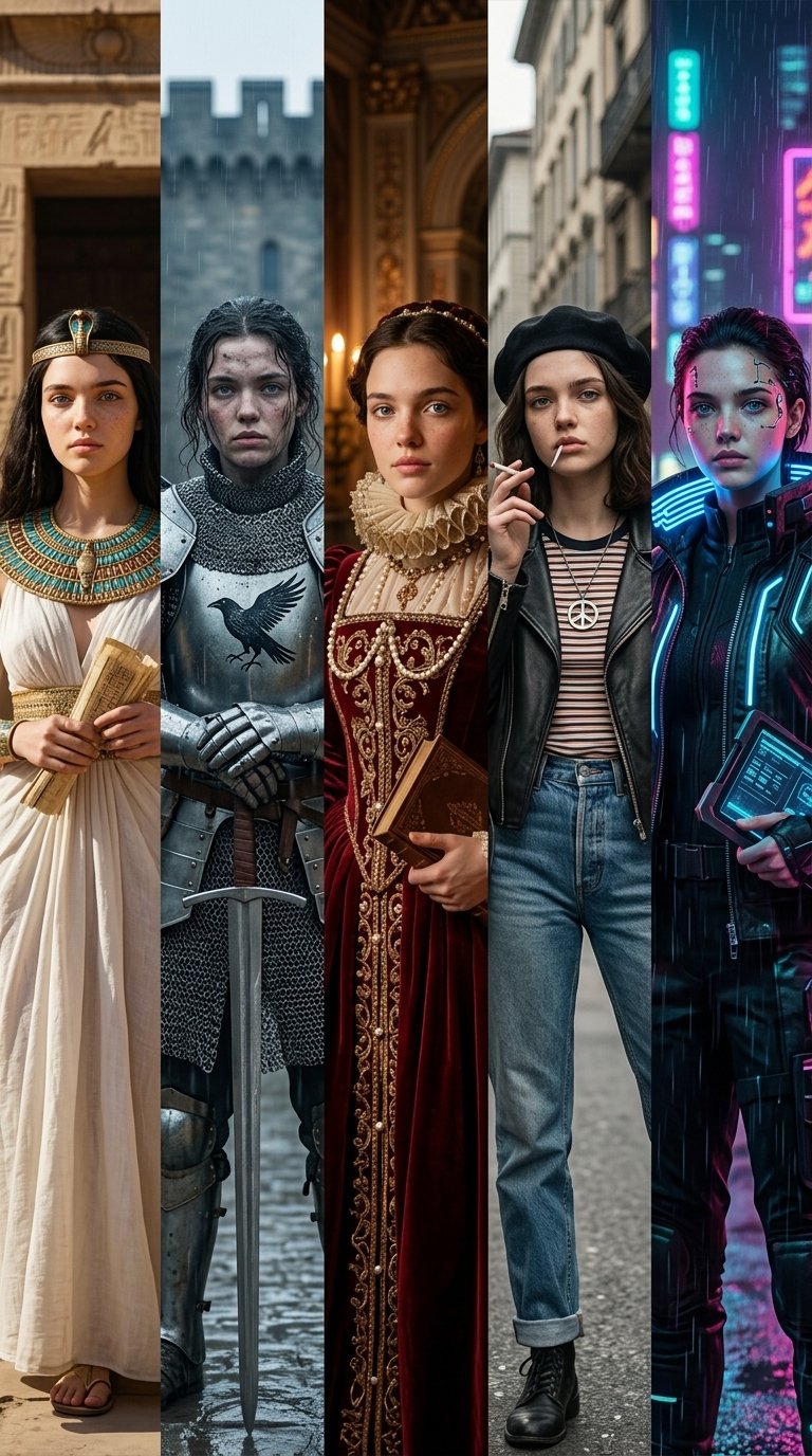 @img1 same person across 5 timelines: ancient egypt, medieval knight, renaissance noble, 1960s rebel, futuristic 2150 cyberpunk, seamless composition, split frame, ultra detailed costumes, consistent face, dramatic lighting changes, storytelling image --no mismatch face