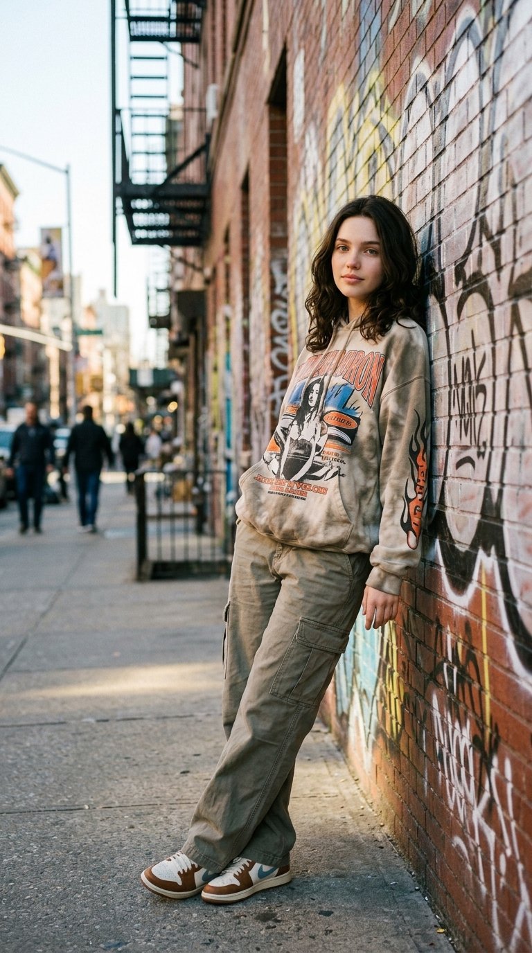 @img1 streetwear fashion shoot, urban background, graffiti walls, natural sunlight, candid pose, DSLR realism, slight imperfections, authentic vibe, shallow depth of field --no artificial look