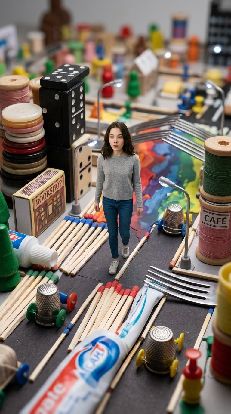 @img1 tiny miniature world built around the person, walking through a city made of everyday objects, tilt-shift effect, macro photography, ultra detailed, shallow depth of field, cinematic lighting, 8k realism