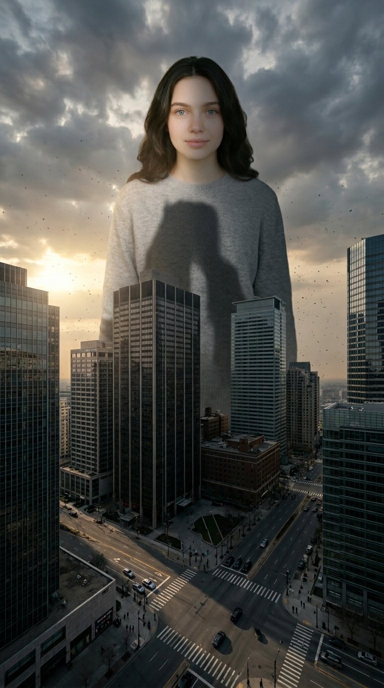 @img1 giant version of the person towering over a modern city, realistic shadows, dramatic clouds, cinematic wide shot, scale contrast, hyper realism, epic composition
