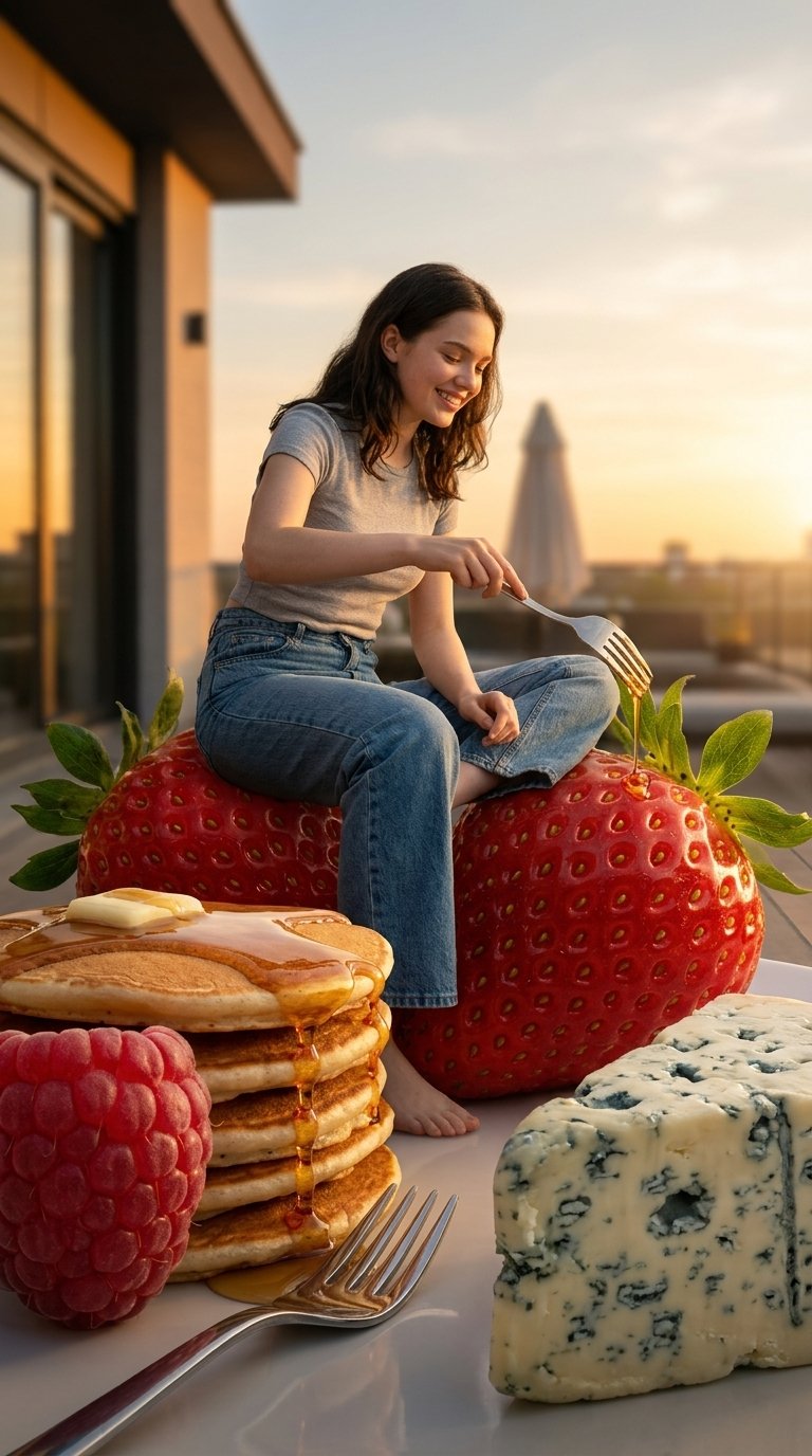 @img1 surreal scene where the person interacts with oversized food elements, realistic textures, cinematic lighting, scale contrast, ultra detailed
