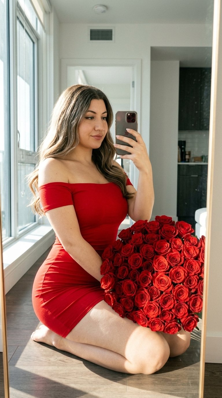 A Woman Черты лица идентичные оригиналы точь-в-точь как на фото исходники kneels in front of a mirror in a bright, modern interior, her phone turned three-quarters toward her reflection. She holds a smartphone at face level with one hand, taking a mirror selfie. A large, round bouquet of dense red roses rests next to her, partially covering the bottom of the frame. Her gaze is directed toward the phone screen. The photo is hip-high, angled at eye level through the mirror's reflection. The composition is shifted to the right, with the bouquet occupying the foreground and the woman's reflection taking center stage.
Makeup: warm beige-brown eyeshadow with a subtle darkening at the outer corners of the eyes, fine eyeliner along the lash line, extended lashes with a voluminous texture, and nude lipstick with a creamy finish and a soft, glossy reflection.
Hair with a pronounced shine and even texture, strands falling freely along the shoulders and back, the surface of the hair reflecting directional light. Волосы цветом и причёска такие же как оригиналы
She's wearing a tight-fitting, long-sleeved, off-the-shoulder red mini dress. The fabric is thick and stretchy, with a smooth, matte finish. The silhouette accentuates her waist and hips. She holds a smartphone with a metal frame and a glossy finish. The bouquet consists of numerous tightly arranged red roses with velvety petals. The shape is round, and the buds are tightly packed.
The location is a modern apartment with neutral, light-gray walls, a large frameless mirror, and light, smooth-textured wood floors. The reflection reveals a portion of the doorway, and the minimalist, unadorned interior.
The lighting is natural, directional: bright sunlight falls from the side through a window, creating pronounced highlights on her hair and part of her face. The main light is side-lit, with medium-density shadows and sharp edges. The contrast is medium to high. The highlights on her hair and rose petals are bright but controlled. The highlights are preserved, and the shadows on her face retain their texture.
Shot with a 35mm lens, shallow depth of field with sharp focus on the face in the reflection and the front of the bouquet. The background is slightly softened. Detailed skin textures, dress fabric, and rose petals are prominent. Modern lifestyle mirror photography, highly detailed, photorealistic.
Warm, sunlit indoor mood,
warm color temperature with dominant red tones,
high saturation with strong red emphasis,
medium to high contrast lighting,
strong directional sunlight streaks,
defined shadows with preserved detail,
bright, controlled highlights on hair and flowers,
natural, warm skin tone rendering,
clean, sharp texture with minimal grain,
vibrant, cinematic lifestyle color grading.