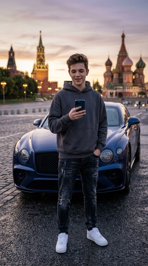 Создай образ Молодого человека По фотографии этого мальчика черты лица идентично идентичные оригинала ему 18 лет модно одет в худи и джинсы изобрази его стоящего у автомобиля Bently в центре Москвы вечером рука в кармане Другая держит мобильный телефон iPhone последней модели Лёгкий вечерний закат
