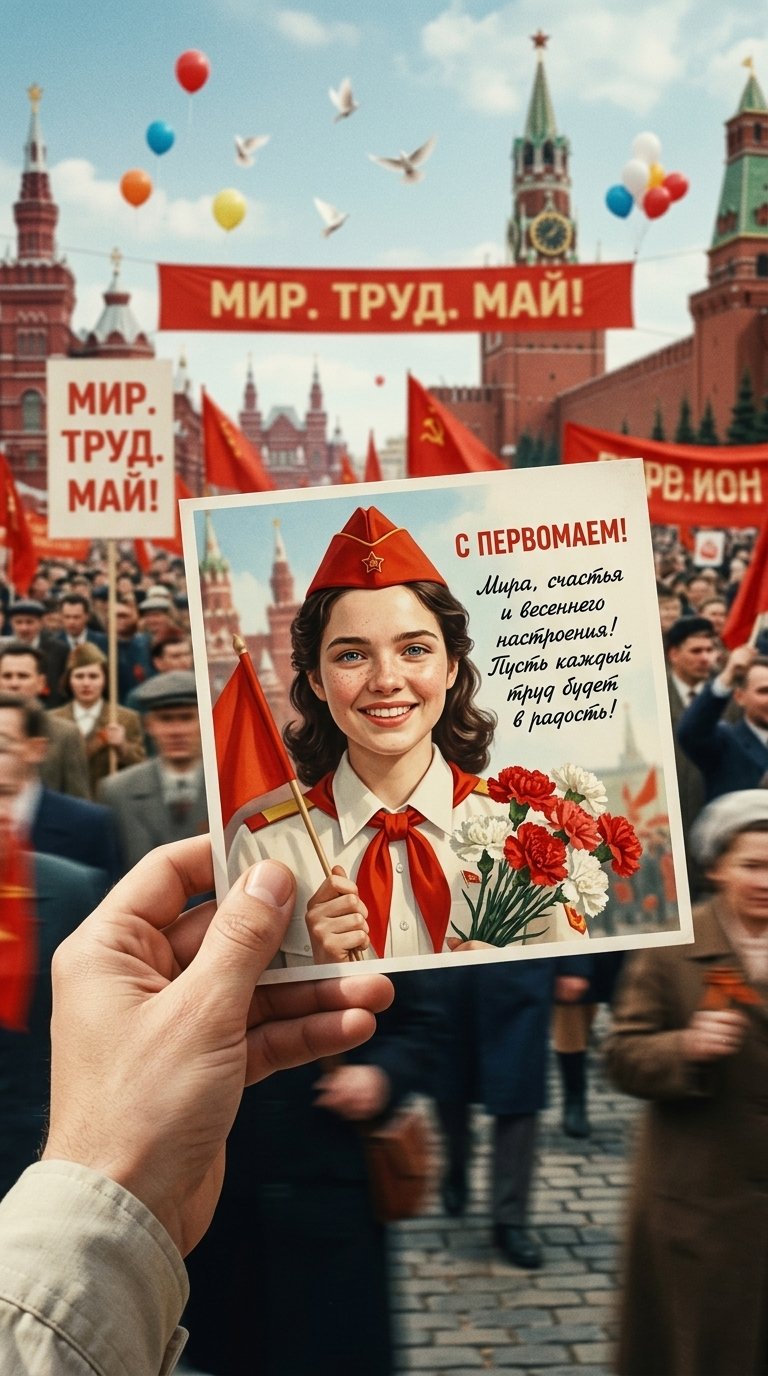 Главное условие: Лицо человека на ОТКРЫТКЕ должно быть идентично загруженному фото. Точно сохрани ВСЕ черты. Ничего не меняй. Формат 3:4. Стиль: high fashion editorial, soviet retro aesthetic, cinematic, 8K. Композиция: на переднем плане — рука в светлой рубашке держит открытку. ФОН ЗА ОТКРЫТКОЙ: Красная площадь, колонна демонстрантов с красными знамёнами и транспарантами «МИР. ТРУД. МАЙ!», в небе воздушные шары и голуби. НА ОТКРЫТКЕ: человек с референса в праздничной одежде с красным галстуком и пилоткой стоит на первомайской демонстрации крупным планом, улыбается, в руках красный флажок и букет гвоздик. Надпись на открытке: «С ПЕРВОМАЕМ! Мира, счастья и весеннего настроения! Пусть каждый труд будет в радость!». Резкость на открытке.