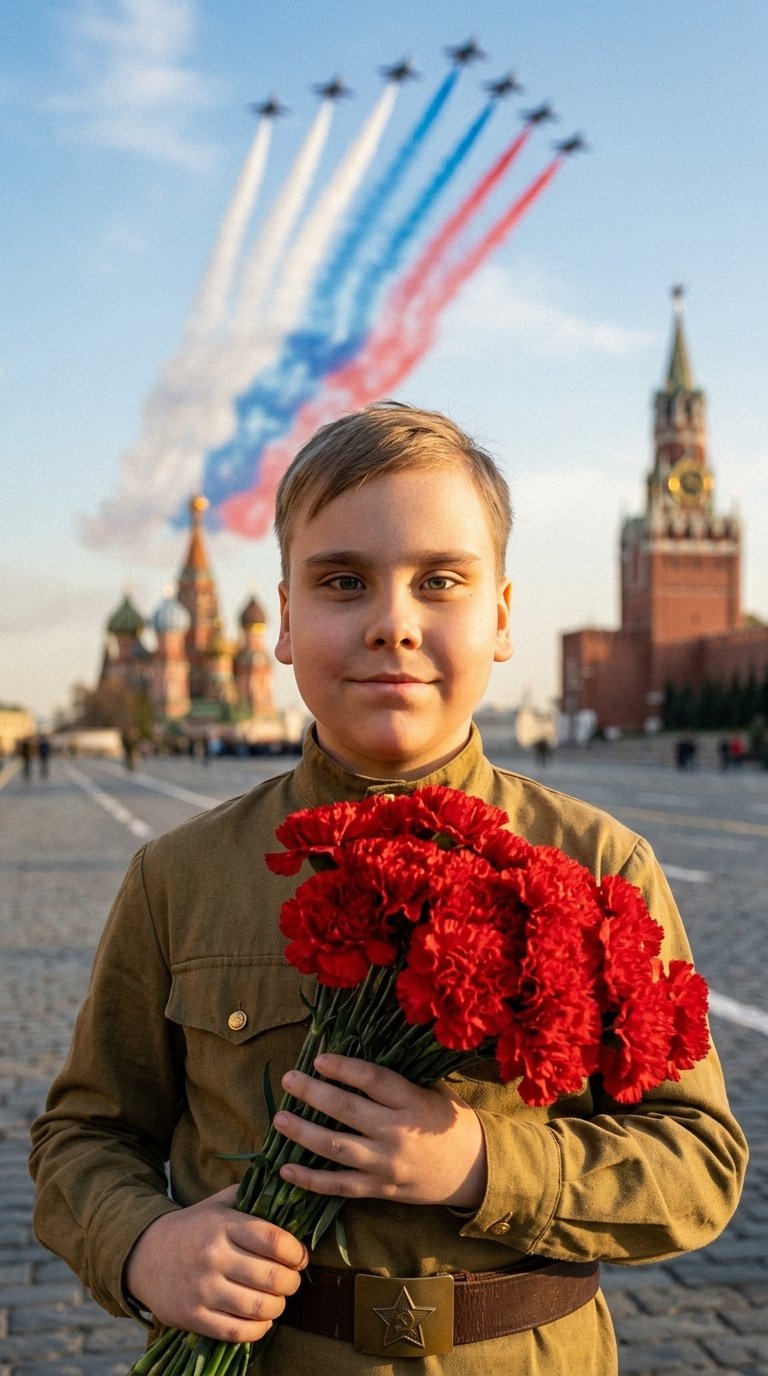 Создай кинематографичный портрет крупным планом человека с референса, сохранив исходные черты лица без изменений. Одет(а) в рубашку цвета хаки (оливкового) в стиле милитари (форма советских времён), на поясе — коричневый ремень с пряжкой-звездой. В руках — огромный букет красных гвоздик.
Задний план: Красная площадь в Москве, размытые шпили и стены Кремля. В небе — группа реактивных самолётов, выполняющих фигуру высшего пилотажа с густыми шлейфами цветного дыма (белый, синий, красный) в виде флага.
Освещение и стиль: мягкий свет «золотого часа», тёплое сияние на лице и волосах. Высокая детализация текстуры кожи, ткани. Фотореализм, глубина резкости (боке), фокус на лице. Атмосфера торжественная и величественная.
