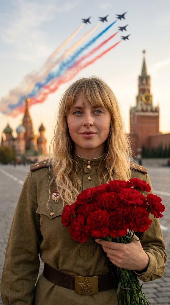 Создай кинематографичный портрет крупным планом человека с референса, сохранив исходные черты лица без изменений. Одет(а) в рубашку цвета хаки (оливкового) в стиле милитари (форма советских времён), на поясе — коричневый ремень с пряжкой-звездой. В руках — огромный букет красных гвоздик.
Задний план: Красная площадь в Москве, размытые шпили и стены Кремля. В небе — группа реактивных самолётов, выполняющих фигуру высшего пилотажа с густыми шлейфами цветного дыма (белый, синий, красный) в виде флага.
Освещение и стиль: мягкий свет «золотого часа», тёплое сияние на лице и волосах. Высокая детализация текстуры кожи, ткани. Фотореализм, глубина резкости (боке), фокус на лице. Атмосфера торжественная и величественная.
