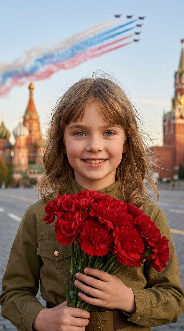 Создай кинематографичный портрет крупным планом человека с референса, сохранив исходные черты лица без изменений. Безупречный макияж (если применимо), губы естественного оттенка. Волосы развиваются на ветру. Одет(а) в рубашку цвета хаки (оливкового) в стиле милитари (форма советских времён), на поясе — коричневый ремень с пряжкой-звездой. В руках — огромный букет красных гвоздик.
Задний план: Красная площадь в Москве, размытые шпили и стены Кремля. В небе — группа реактивных самолётов, выполняющих фигуру высшего пилотажа с густыми шлейфами цветного дыма (белый, синий, красный) в виде флага.
Освещение и стиль: мягкий свет «золотого часа», тёплое сияние на лице и волосах. Высокая детализация текстуры кожи, ткани. Фотореализм, глубина резкости (боке), фокус на лице. Атмосфера торжественная и величественная.