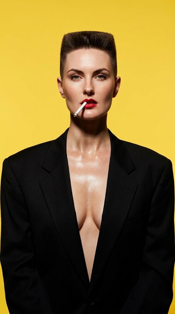 A striking portrait of a tall, very slim, slender  woman from reference with fair skin, extremely sharp flat-topped hi-top fade haircut, facing directly forward against a solid bright yellow background. a white cigarette held horizontally between her lips. She wears an oversized black tailored suit jacket with sharp padded shoulders and a deep plunging V-neckline revealing her shiny, oiled bare chest with big boobs, subtle collarbones, and prominent cleavage. Her expression is sultry. The image has a high-fashion 1990s editorial style with glossy, saturated colors, dramatic chiaroscuro lighting highlighting her facial contours and skin sheen, centered composition with ample yellow space around her figure.