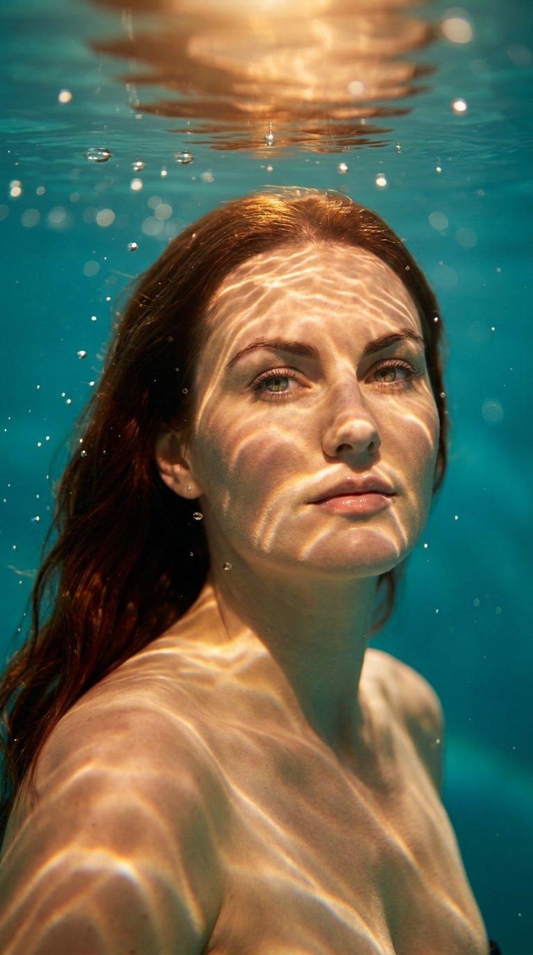 A cinematic, hyper-realistic portrait of a young woman partially submerged in clear water, facing the camera with a calm, confident expression. Her wet dark hair flows naturally around her shoulders, and her skin glows with warm golden sunlight. Dynamic caustic light patterns ripple across her face and upper body, creating striking highlights and shadows. Small air bubbles float around her, adding depth and an underwater atmosphere. Her features are soft yet detailed
—natural eyebrows, smooth glowing skin, and slightly glossy lips. The background is a rich teal-blue water tone with soft bokeh and gentle blur. The overall mood is serene, luminous, and ethereal. Ultra-detailed, photorealistic, 8k, cinematic lighting, shallow depth of field, high dynamic range.