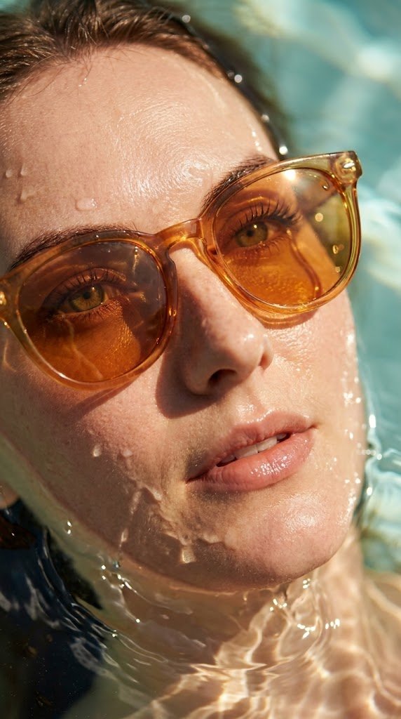 An extreme close-up, hyper-realistic portrait of a young woman partially submerged in water, wearing translucent amber/orange-tinted sunglasses. Her face is wet with glossy water droplets and flowing ripples, with dynamic golden caustic light patterns reflecting across her skin and glasses. The lenses catch warm sunlight, creating a rich amber glow over her eyes. Her lips are slightly parted with a natural glossy texture, and her skin shows fine detail-pores, subtle highlights, and soft reflections. Water splashes and liquid distortions frame her face, adding movement and fluidity. The background is softly blurred aqua tones, enhancing the underwater, sunlit atmosphere. Cinematic lighting, ultra-detailed, photorealistic, 8k, shallow depth of field, high contrast between warm highlights and cool water tones.