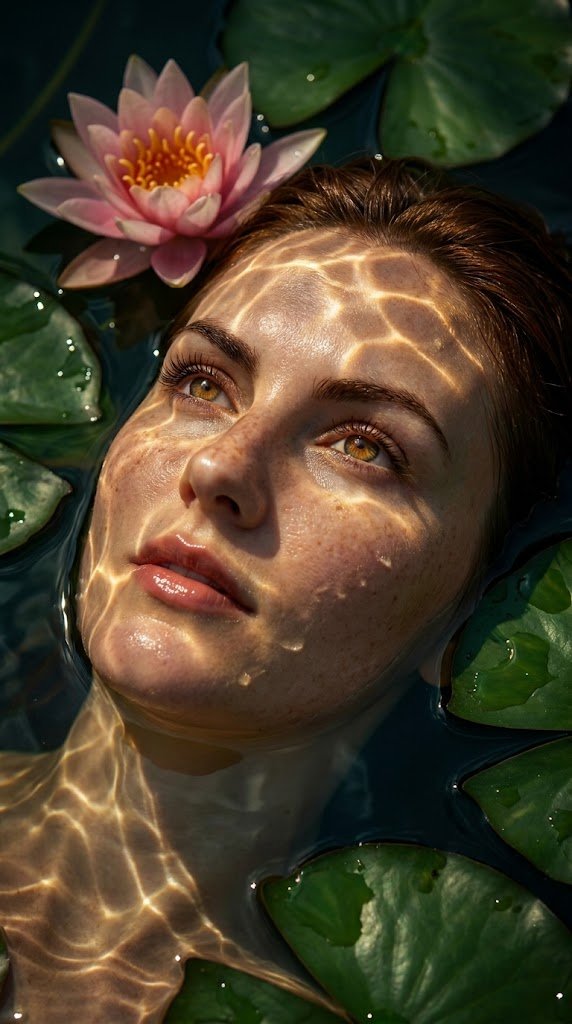 A hyper-realistic, cinematic close-up portrait of a young woman partially submerged in dark water, surrounded by lush green lily pads and a blooming pink lotus flower resting on her head. Her face is illuminated by shimmering, golden caustic light patterns reflecting from the water surface, creating intricate ripples across her skin. She has soft freckles, dewy glowing skin, and slightly parted glossy lips. Her amber-brown eyes gaze upward with a dreamy, ethereal expression. Water droplets and reflections glisten around her face, with high contrast between deep shadows and radiant highlights. The composition feels surreal, nature-infused, and magical, with rich greens, warm gold tones, and deep blacks. Ultra-detailed, sharp focus, shallow depth of field cinematic lighting, 8k, photorealistic.
Parameters:
• Aspect ratio: --ar 4:5
• Style keywords (optional depending on model): cinematic lighting. volumetric light, ultra-detailed, HDR, soft glow, fantasy realism