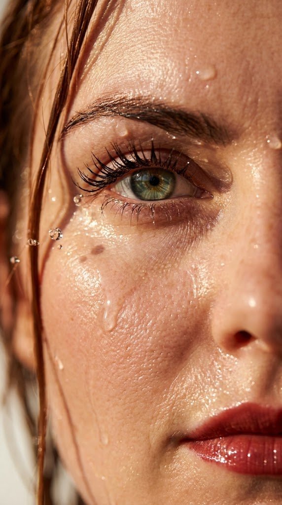 An extreme close-up, hyper-realistic macro portrait of a young woman's face partially wet with water. Focus on one eye with sharp detail-light green/blue iris, long defined eyelashes, and natural textured skin with visible pores. Water droplets cling to her skin and eyelashes, with small splashes frozen mid-air. Warm golden sunlight reflects across her face, creating shimmering caustic light patterns and glossy highlights. A few strands of wet hair stick to her skin. The mood is intimate, cinematic, and fresh, with shallow depth of field and soft background blur. Ultra-detailed, photorealistic, 8k, HDR, cinematic lighting, natural skin texture.