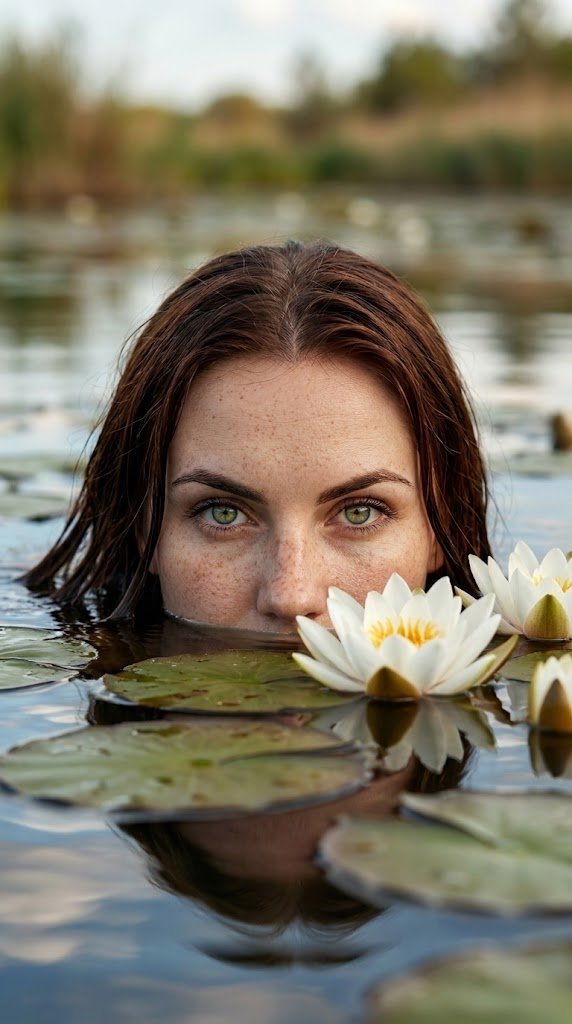  cinematic, photorealistic portrait of a young woman partially submerged in a calm pond, with only her eyes and upper face visible above the waterline. She has striking green eyes, natural freckles across her nose and cheeks, and wet dark hair flowing and blending into the water surface. Surrounding her are floating lily pads and blooming white water lilies with golden centers in the foreground. The water reflects soft daylight with gentle ripples and glossy highlights. Background shows a blurred natural wetland landscape with soft greens and sky tones. The mood is mysterious and serene, with sharp focus on her eyes and shallow depth of field. Ultra-detailed, 8k, natural lighting, cinematic composition. realistic skin texture, high dynamic rande