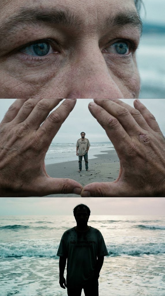 Cinematic triptych with melancholic undertones, person from photo in distance framed by hands, macro shot of eyes from subject with cool-toned reflections, silhouetted figure in diffused ocean light, overcast coastal atmosphere, muted pastel color palette with distinct green and cyan shadow bias, desaturated yellows, flat diffused daylight, subtle magenta shift, Fujifilm Pro 400H film stock, pronounced moody film grain, soft contrast, introspective indie film aesthetic, cool color grading,1:1.