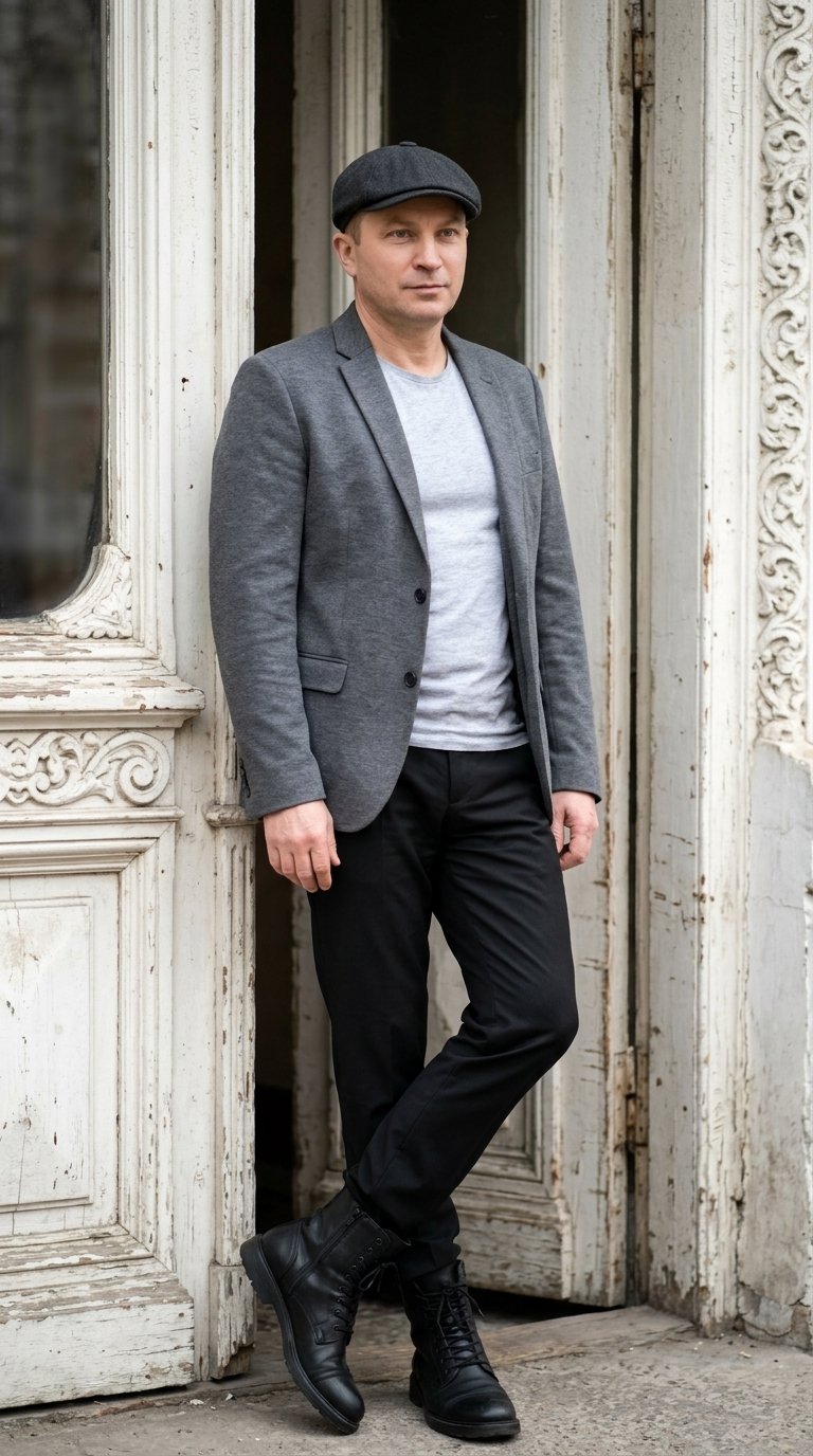 A man черты лица идентично оригиналу внешность у него свежая молодая leans against a white, aged wooden doorway. He wears a gray blazer, a light gray t-shirt, and black dress pants. He is wearing black combat boots. A dark gray flat cap sits on his head. His expression is neutral, his gaze directed slightly off to the side. He stands with his left leg slightly forward, in a relaxed, yet attentive pose. The lighting is soft and diffused, casting gentle shadows. The colors are muted, predominantly grays, whites, and blacks. The textured material of the blazer, the smooth texture of the pants, and the robust texture of the boots are all noticeable. The doorway is ornate, with decorative details. The white painted wood has visible signs of age and weathering. The ornate patterns on the decorative parts of the doors are detailed in the style of older architecture. The perspective is eye-level. The style is contemporary, but with a touch of vintage inspired attire. The overall mood is calm and sophisticated, evocative of a timeless, effortlessly stylish portrait. The composition focuses on the subject, with the doorway acting as a backdrop. The scene is well lit and balanced.