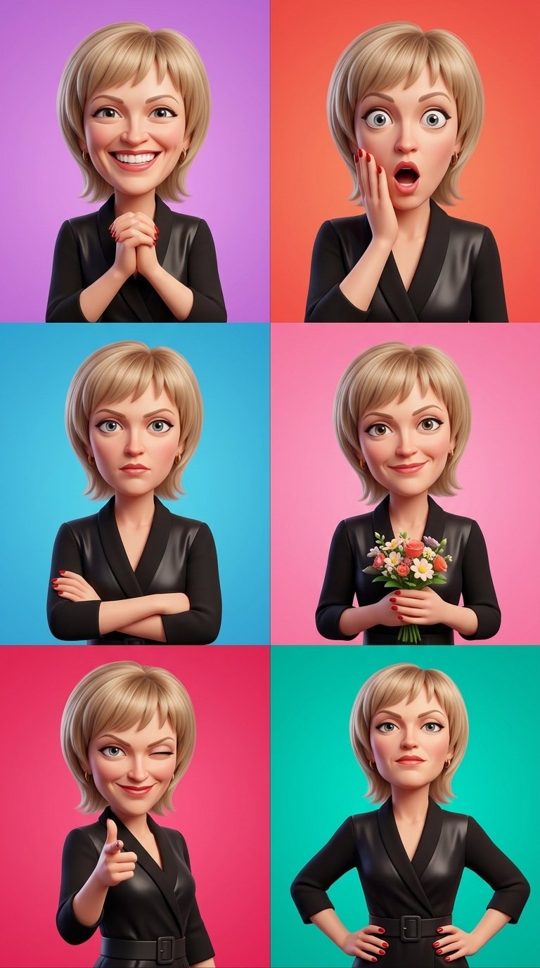 
A 3x2 collage of six stylized 3D caricature portraits of a person from a reference photo (strictly maintaining a 1:1 appearance), each with a different expressive pose (happy, surprised, serious, sweet, daring, confident). A sleek, polished look, soft, diffused lighting, clean character designs, and bright, vibrant backgrounds for each frame.