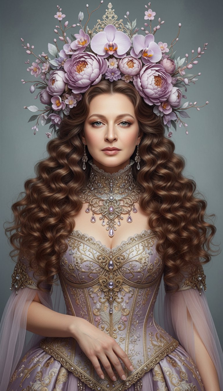 Совпадение с референсом 100 % . Создай фотореалистичный художественный портрет в стиле сказочного барокко по загруженному фото пользователя, полностью сохранив лицо, пропорции тела и волосы пользователя без изменений. Крупный план по грудь. Женщина расположена фронтально, корпус прямо, голова слегка приподнята, взгляд направлен в камеру, выражение спокойное, холодное, благородное, кукольно-утончённое.Образ должен совпадать максимально точно: роскошный фантазийный костюм в нежных пыльно-сиреневых, лавандовых и жемчужно-бежевых оттенках. Лиф жёсткой формы, богато украшенный сложной золотой вышивкой, филигранными металлическими элементами, декоративными накладками и многослойными орнаментами, создающими эффект кутюрного доспеха или корсетной брони. Поверх — лёгкая накидка или рукава из полупрозрачной ткани того же сиреневого оттенка.На шее — высокий декоративный воротник или многослойное ожерелье из металла, кружева и подвесок, закрывающее основание шеи и создающее королевский силуэт.На голове — фантазийный венец из живых или искусственных цветов холодной сиренево-лавандовой гаммы: крупные пионы, орхидеи, соцветия, листья и ветви, образующие объёмную корону вокруг головы. Композиция сложная, многослойная, асимметричная, выглядит дорого и художественно, без мультяшности.Волосы очень объёмные, длинные, густые, завитые в мелкие плотные локоны, распущены и обрамляют плечи, создавая эффект сказочной королевы или куклы.Руки частично видны: одна рука расслабленно опущена перед телом, кисть изящная, пальцы мягко согнуты.Макияж утончённый, фарфоровая кожа, мягкий румянец, выразительные глаза, светлые холодные оттенки, губы натуральные.Освещение мягкое, рассеянное, художественное, без жёстких теней, подчёркивающее фактуру тканей, металла и цветов. Фон нейтральный, ивописный, слегка размытый, холодной серо-голубой гаммы.Общий стиль — высокодетализированный сказочный портрет, эстетика высокой моды и арт-фэнтези, ощущение хрупкой королевской роскоши, отсутствие дешёвых или современных элементов, очень высокая детализация.