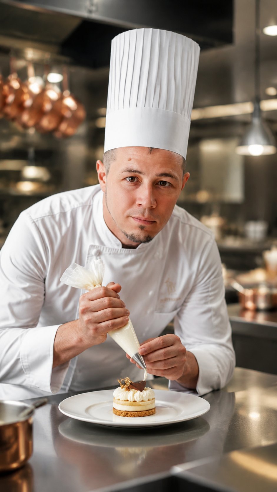 "Using reference image, preserve the man's facial features and create: Professional male pastry chef in a luxury Michelin-starred restaurant kitchen, wearing pristine white chef's uniform and tall toque blanche, holding a piping bag with decorator tip in hand, focused on decorating an elegant dessert. Modern high-end professional kitchen with stainless steel counters, hanging copper pots, ambient kitchen lighting. Sharp facial features, short dark hair, goatee, concentrated expression. Photorealistic, 8k resolution, professional photography, cinematic lighting, depth of field."