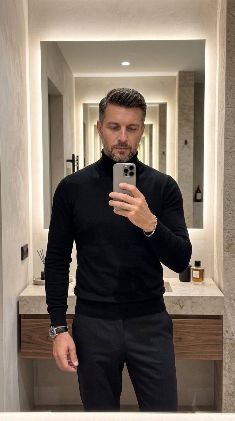 Гиперреалистичное зеркальное селфи (mirror selfie), снятое на iPhone 17 Pro Max в сверхвысоком разрешении. Вертикальная композиция . Эстетика премиального Instagram-блога с акцентом на «Dark Masculine» и clean luxury вайб.
В центре кадра —привлекательный мужчина, позирующий перед большим зеркалом в современном стильном интерьере.
Внешность и поза:
Стройное, атлетичное телосложение с естественными пропорциями. Мужчина стоит вполоборота к зеркалу, корпус слегка развернут, плечи расправлены. Одной рукой он держит iPhone 17 Pro Max, частично закрывая нижнюю часть лица или подбородок. Поза расслабленная, уверенная, без нарочитости. Взгляд направлен в экран телефона — спокойный, собранный, немного томный.
Лицо и груминг:
Четкие, естественные черты лица. Аккуратная стрижка (короткие волосы или стильная текстурированная укладка). Возможна легкая ухоженная щетина или идеально чистое бритье. Кожа с естественной текстурой, без эффекта пластика. Легкий акцент на скулах и линии челюсти за счет света.
Одежда:
Элегантный образ в стиле smart-casual или классика. Темный приталенный костюм с идеально сидящим пиджаком, либо минималистичный total black образ (тонкая водолазка + брюки). Ткань выглядит дорогой, с реалистичной текстурой. Чистые линии, идеальная посадка по фигуре.
Аксессуары:
Минималистичные часы премиального вида или аккуратный браслет. Без перегруженности деталями.
Интерьер:
Современное дизайнерское пространство — светлая минималистичная ванная или гардеробная. Стены из светлого камня или микроцемента, большое зеркало без рамы, мягкая LED-подсветка по периметру. Консоль из натурального дерева или камня, аккуратный стильный декор. Атмосфера чистоты, статуса и эстетики.
Освещение:
Мягкий теплый рассеянный свет (warm white). Деликатные тени, подчеркивающие линию плеч, шею и структуру лица. Чистый зеркальный блик без пересветов.
Качество изображения:
8K, UHD, ультра-детализация. Реалистичная текстура кожи, ткани и волос. Легкая натуральная зернистость мобильной съемки. Нейтральная слегка приглушенная цветокоррекция. Глубина резкости (DOF) с мягким размытием заднего плана. Без искажений, естественные пропорции, без wide-angle distortion.