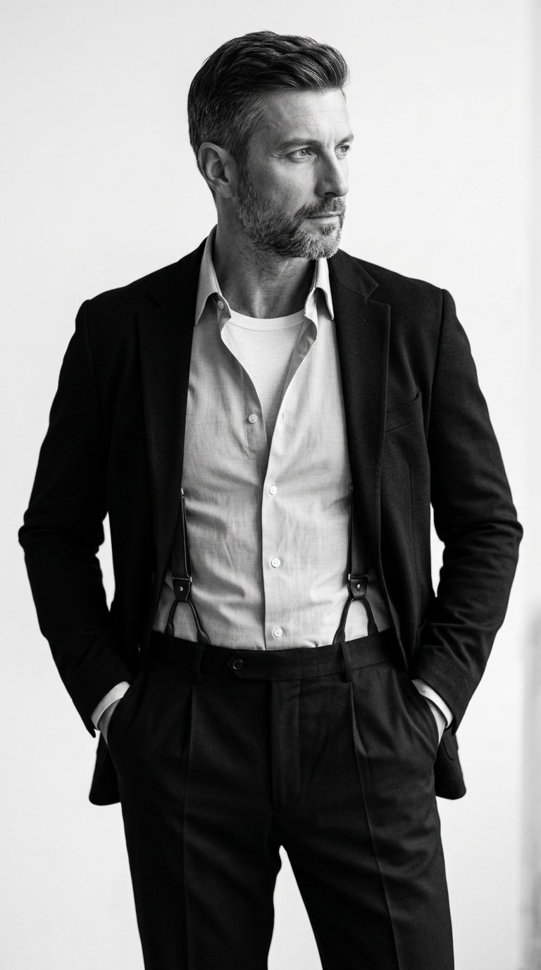 The man stands with a confident pose, his body turned slightly to three-quarters, his shoulders open. Both hands are in his trouser pockets, his elbows pointed back, creating a clear silhouette. His head is turned to the side, his gaze directed beyond the frame. The shot is medium-length, from the hips to the crown of the head, with the angle at eye level. The composition is centered with plenty of white space around the figure.
The scene is shot in black and white with a distinct gradation of grays. The skin texture of the face is clearly visible thanks to the directional lighting, which highlights the cheekbones, nose, and jawline.
The man's clothing is classic and elegant. He wears a light-colored shirt with an open collar and a white T-shirt made of soft knit fabric underneath. He wears a straight-cut black jacket with a soft texture over it. The trousers are black, high-waisted, and have pronounced creases. Dark leather suspenders run across the shoulders and attach to the trousers, creating a vintage accent.
The background is minimalist and light, without pronounced texture.
The lighting is directional studio lighting, positioned from the side and slightly above. The light creates dramatic shadows along the face, shoulders, and folds of clothing. The contrast is medium to high, highlighting the texture of the fabric and the shape of the figure.
Shot with an 85mm portrait lens, moderate depth of field, focusing on the face and upper body, and a softly blurred background. Highly detailed fabric, skin, and hair, editorial fashion photography, highly detailed, photorealistic.
timeless monochrome fashion mood,
black and white tonal palette,
medium to high contrast lighting,
dramatic side light,
rich grayscale gradients,
sharp fabric texture definition,
clean minimalist background,
classic editorial color grading,
vintage-inspired elegance.